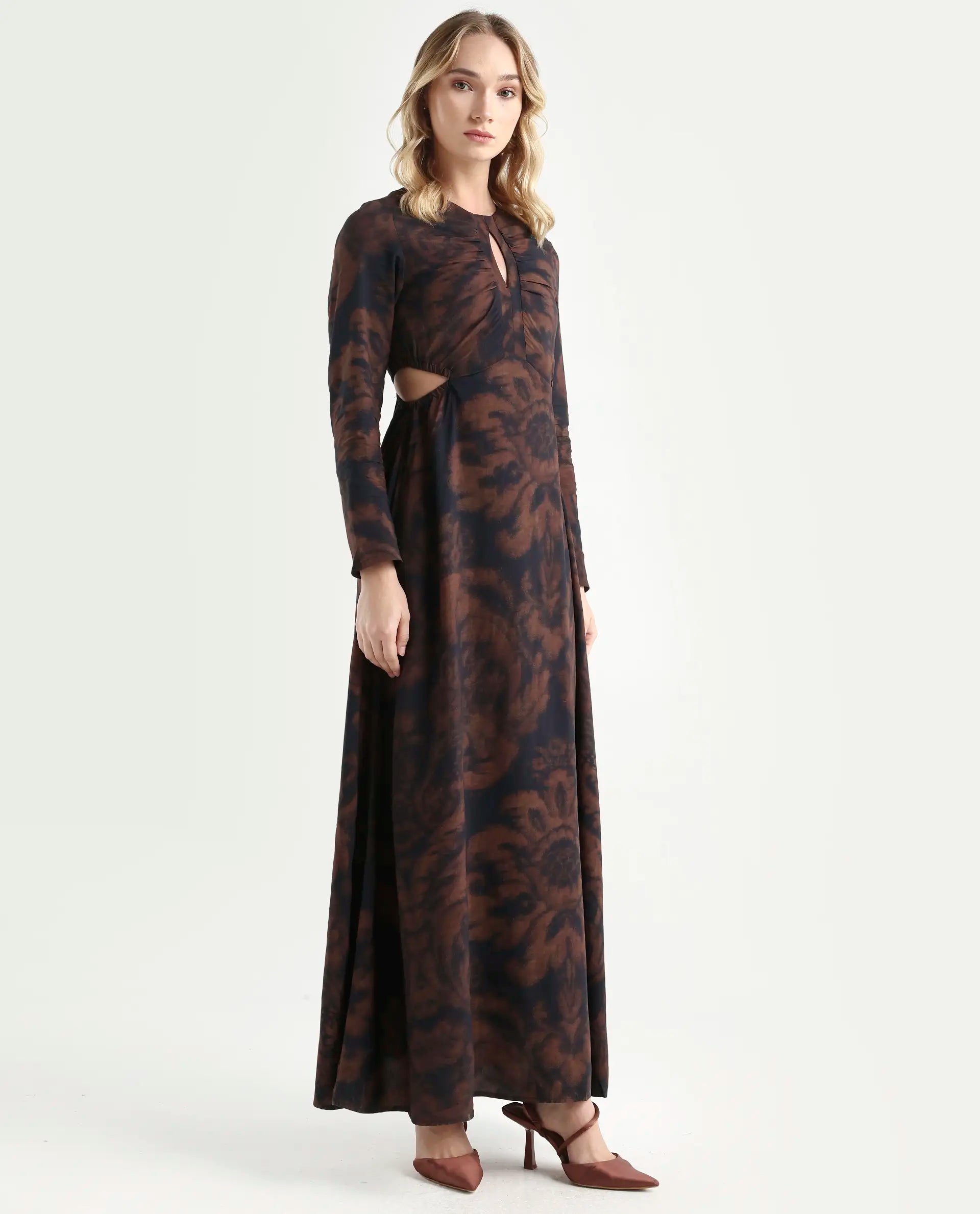 Rareism Women's Azor Dark Brown Viscose Fit & Flare Maxi Dress
