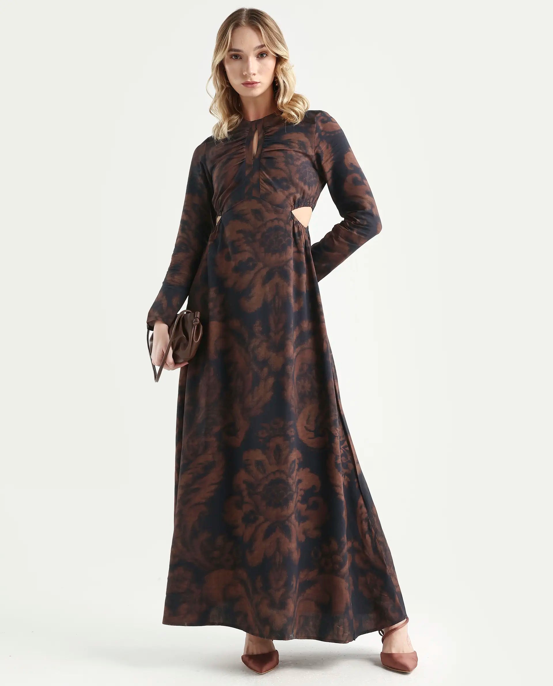 Rareism Women's Azor Dark Brown Viscose Fit & Flare Maxi Dress