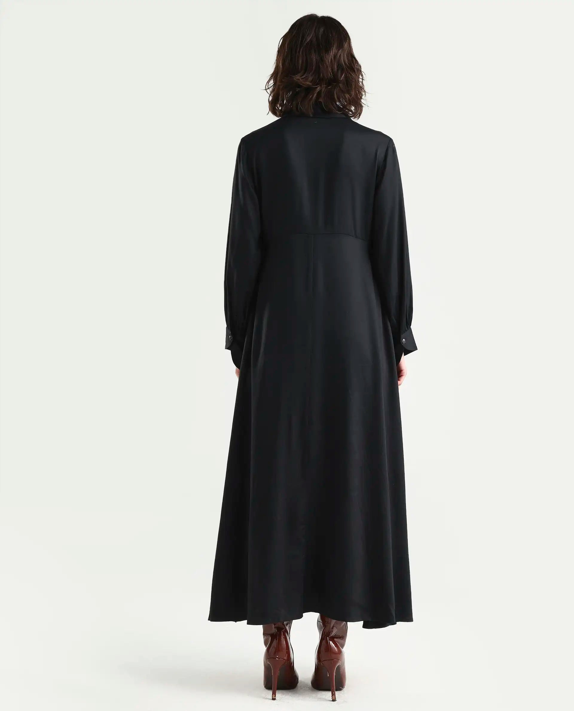 Rareism Women's Ane Black Viscose Full Sleeve Spread Collar Fit And Flare Dress