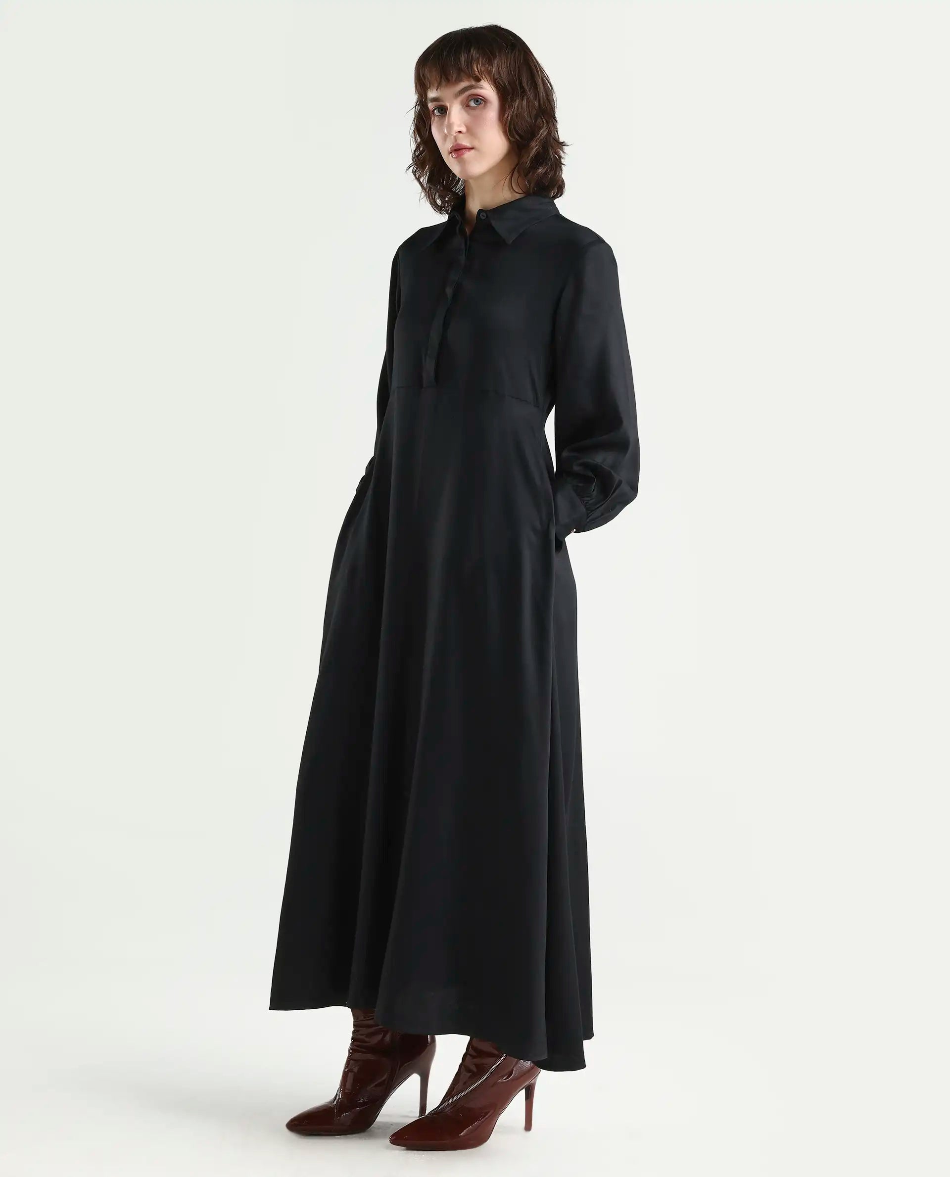Rareism Women's Ane Black Viscose Full Sleeve Spread Collar Fit And Flare Dress
