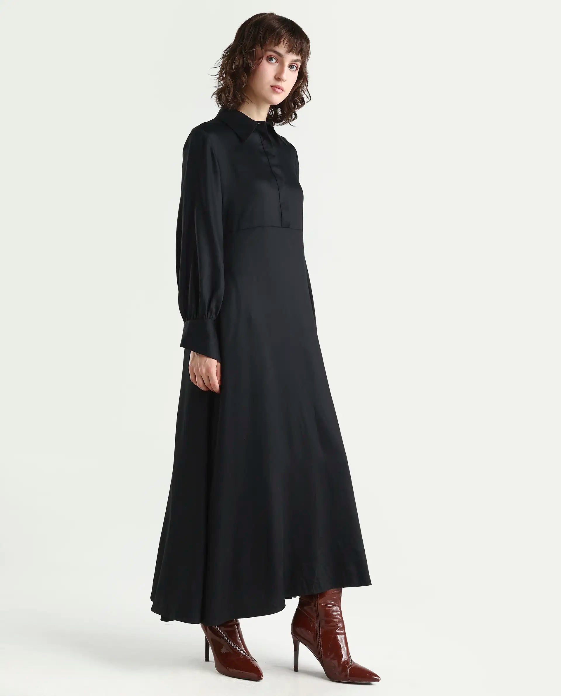Rareism Women's Ane Black Viscose Full Sleeve Spread Collar Fit And Flare Dress