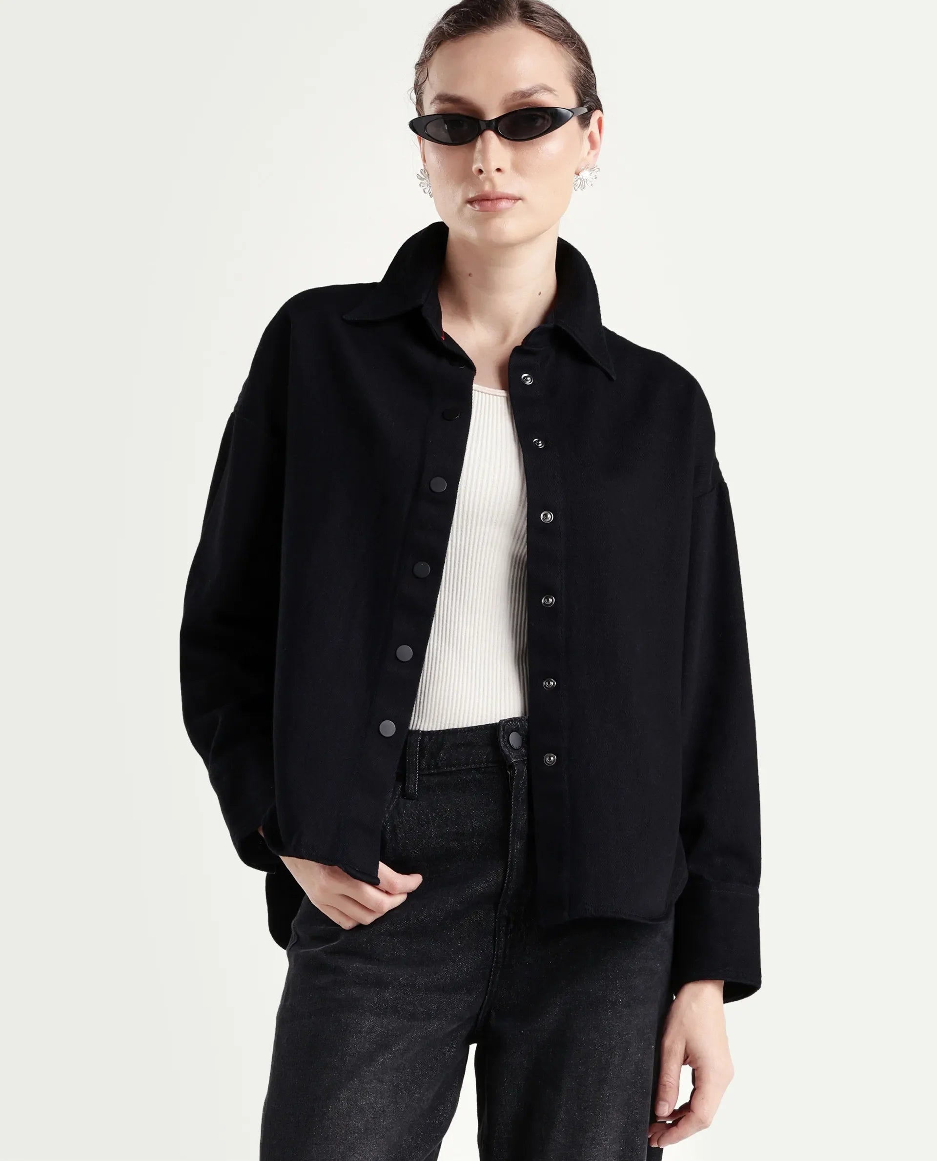 Rareism Women's Deniro Dark Blue Cotton Spread Collar Boxy Plain Shirt