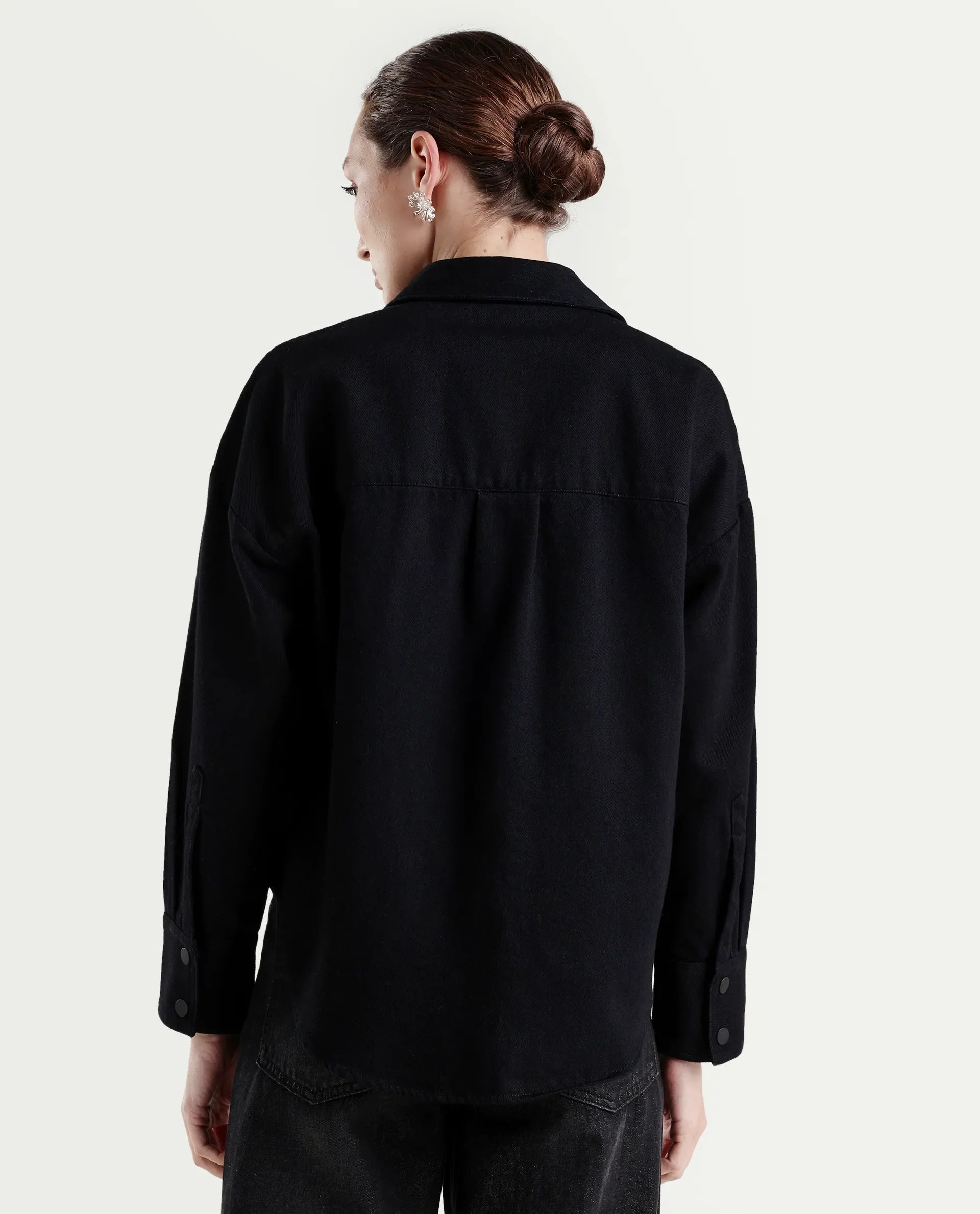 Rareism Women's Deniro Dark Blue Cotton Spread Collar Boxy Plain Shirt