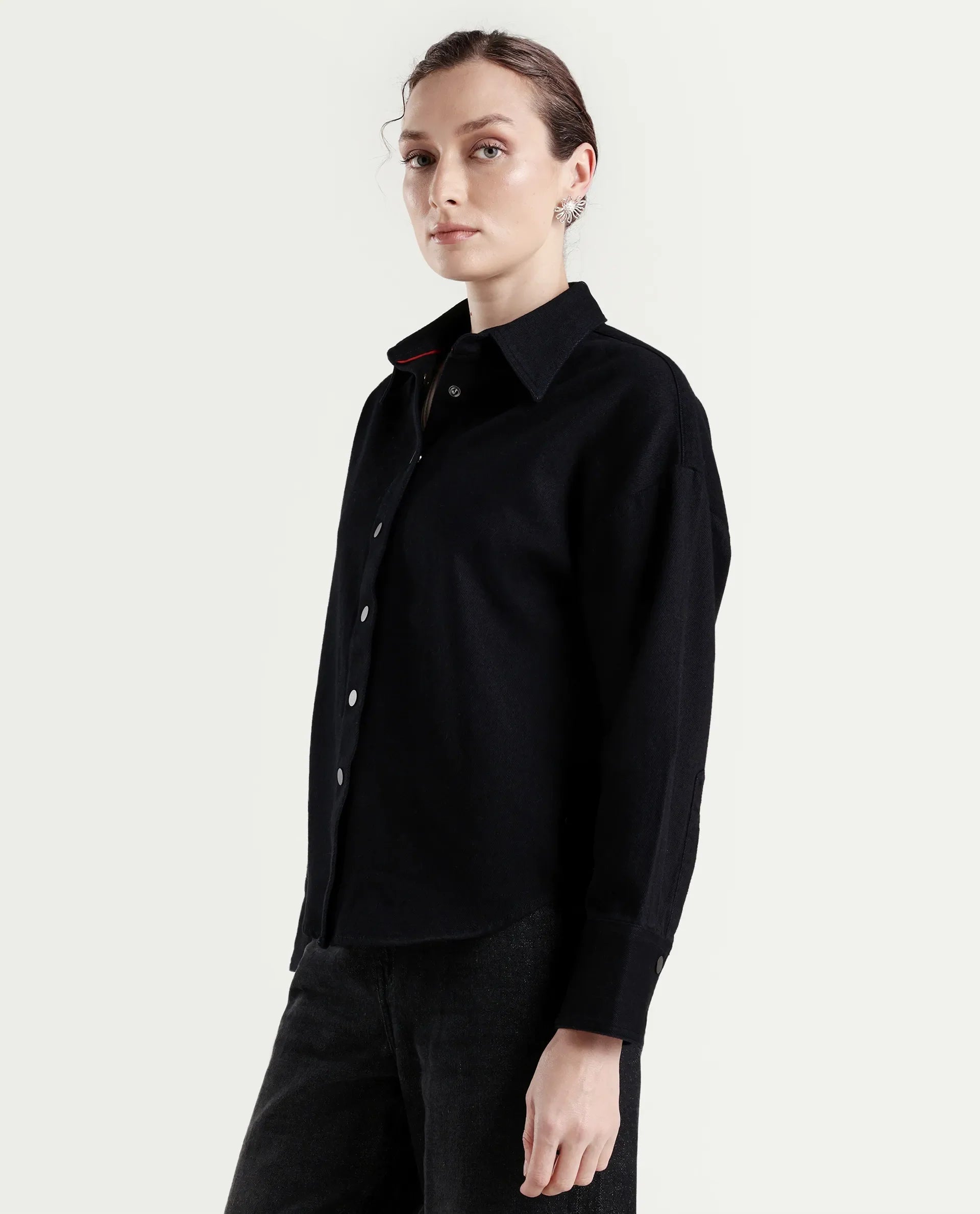 Rareism Women's Deniro Dark Blue Cotton Spread Collar Boxy Plain Shirt