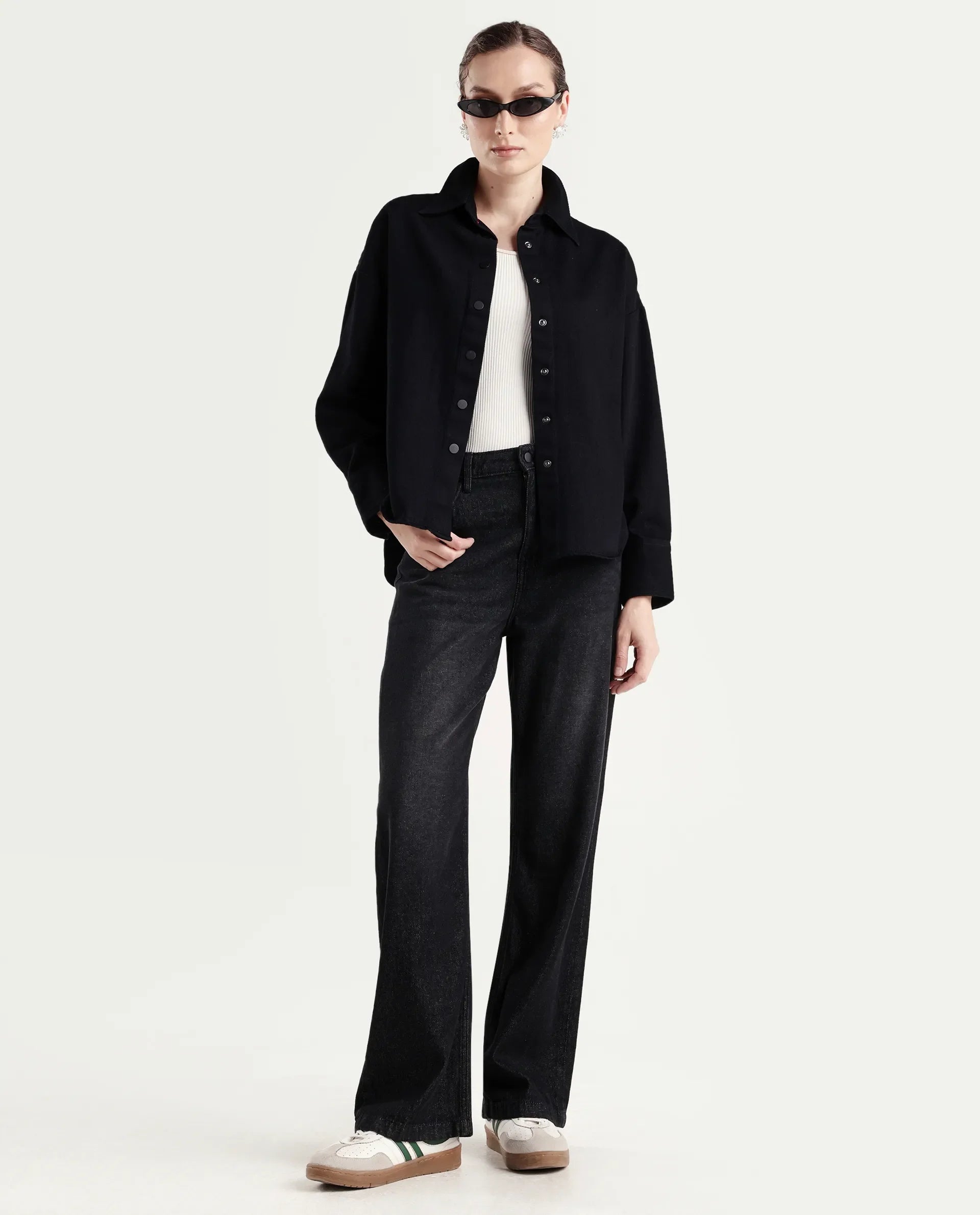 Rareism Women's Deniro Dark Blue Cotton Spread Collar Boxy Plain Shirt