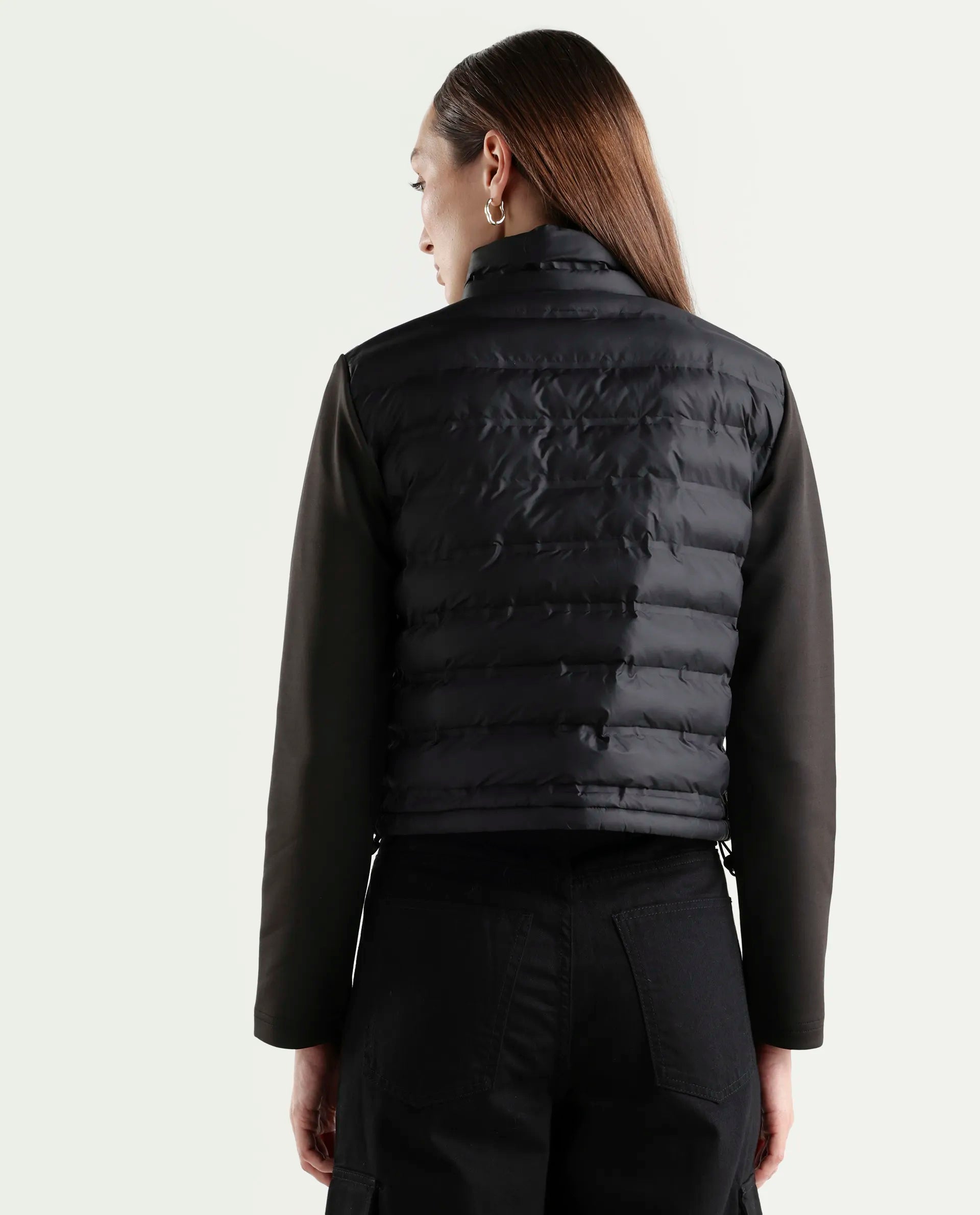 Rareism Women's Zarcru Black Nylon Round Collar Regular Plain Jacket