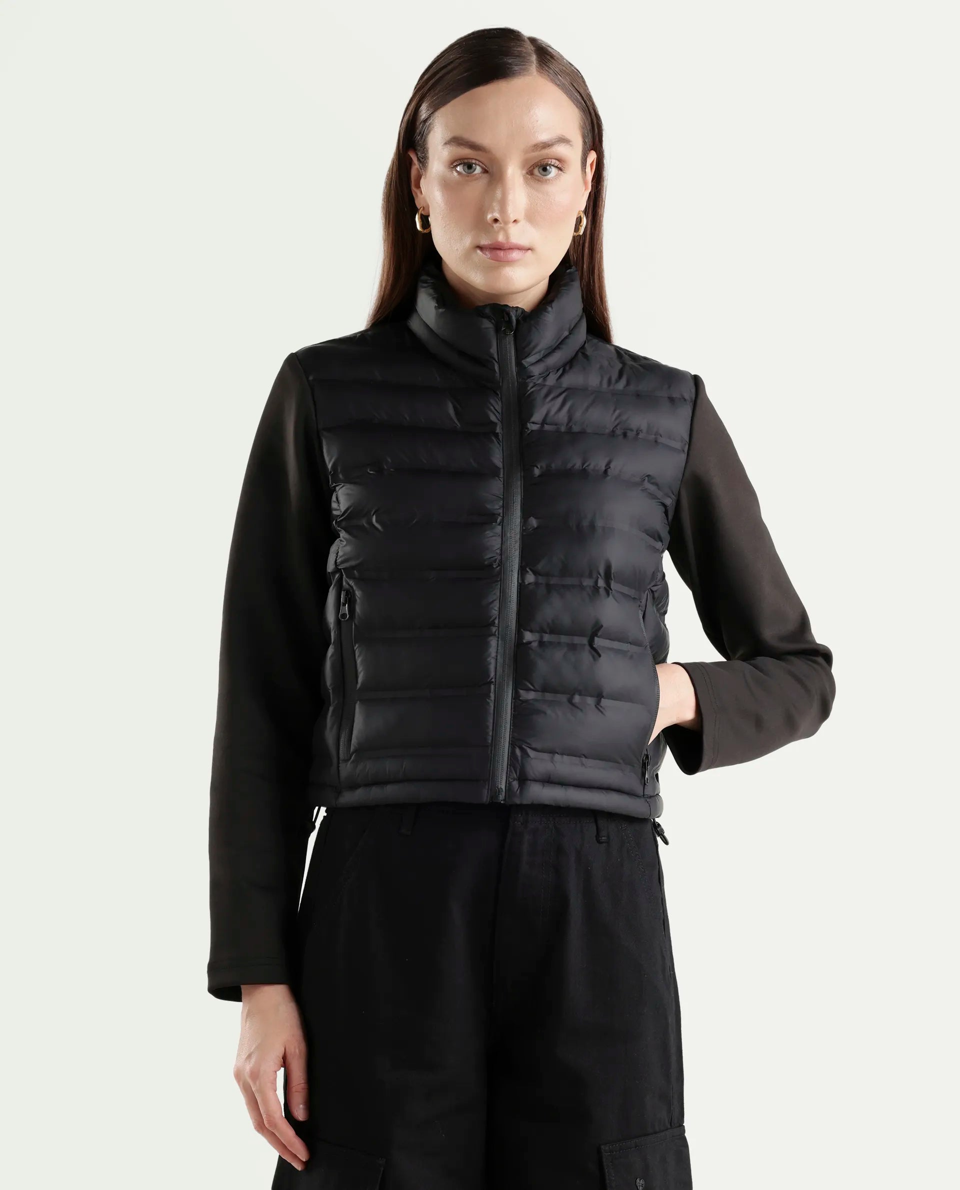 Rareism Women's Zarcru Black Nylon Round Collar Regular Plain Jacket