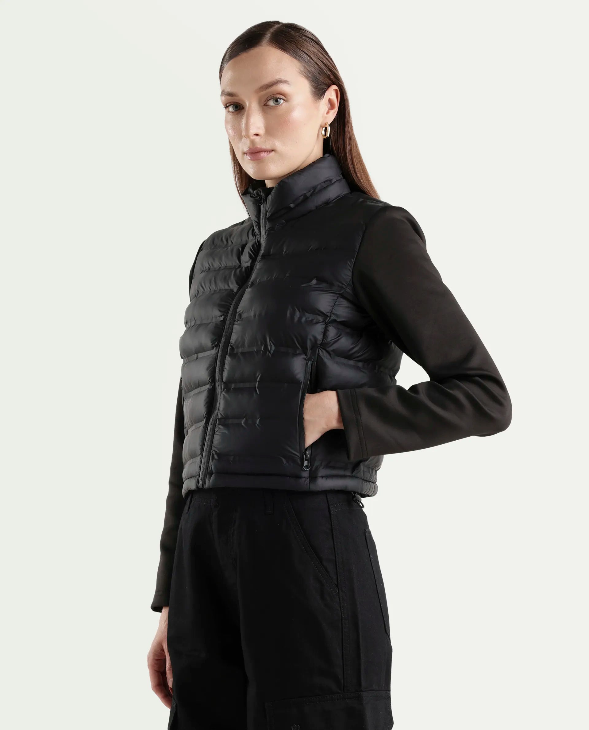 Rareism Women's Zarcru Black Nylon Round Collar Regular Plain Jacket