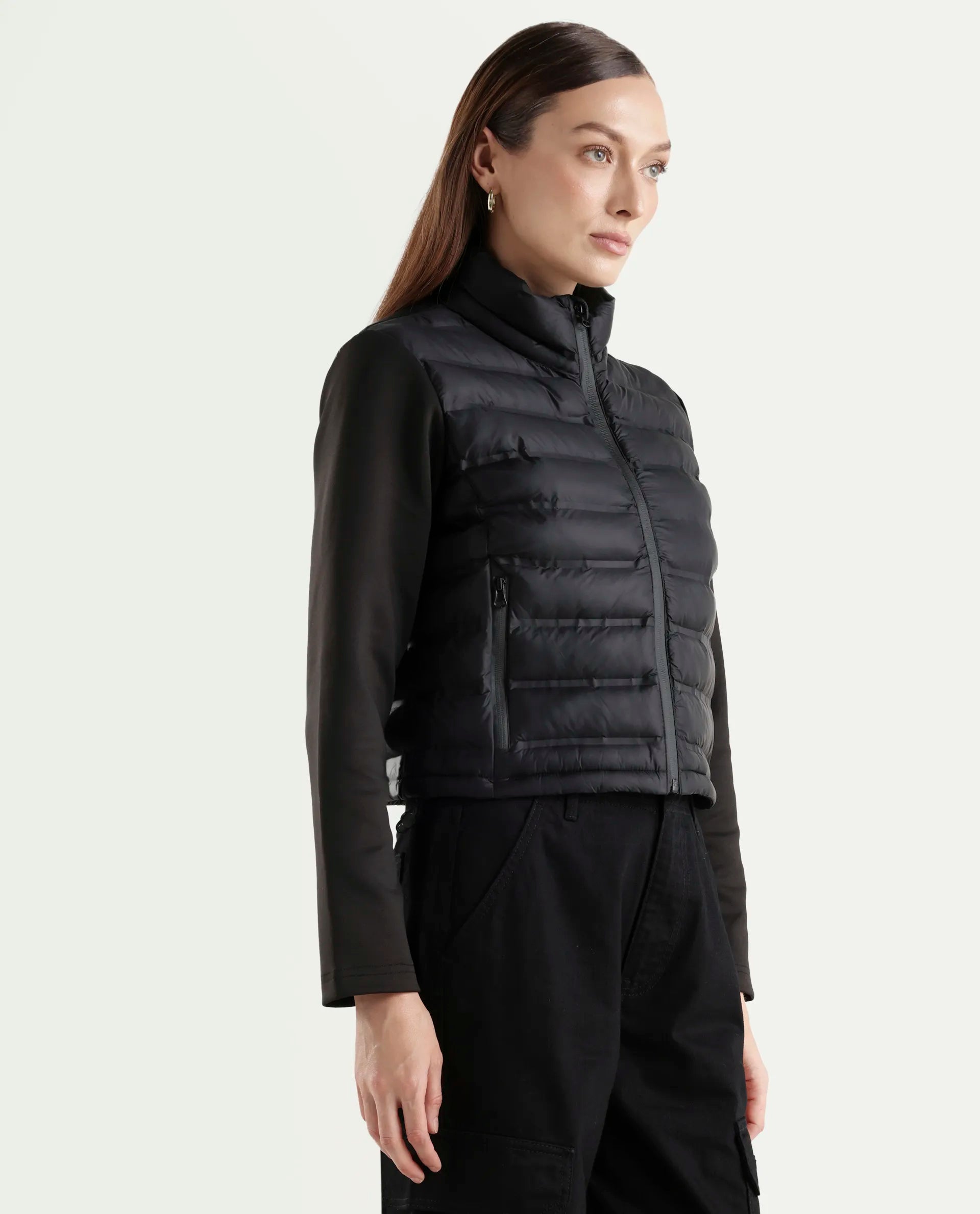 Rareism Women's Zarcru Black Nylon Round Collar Regular Plain Jacket