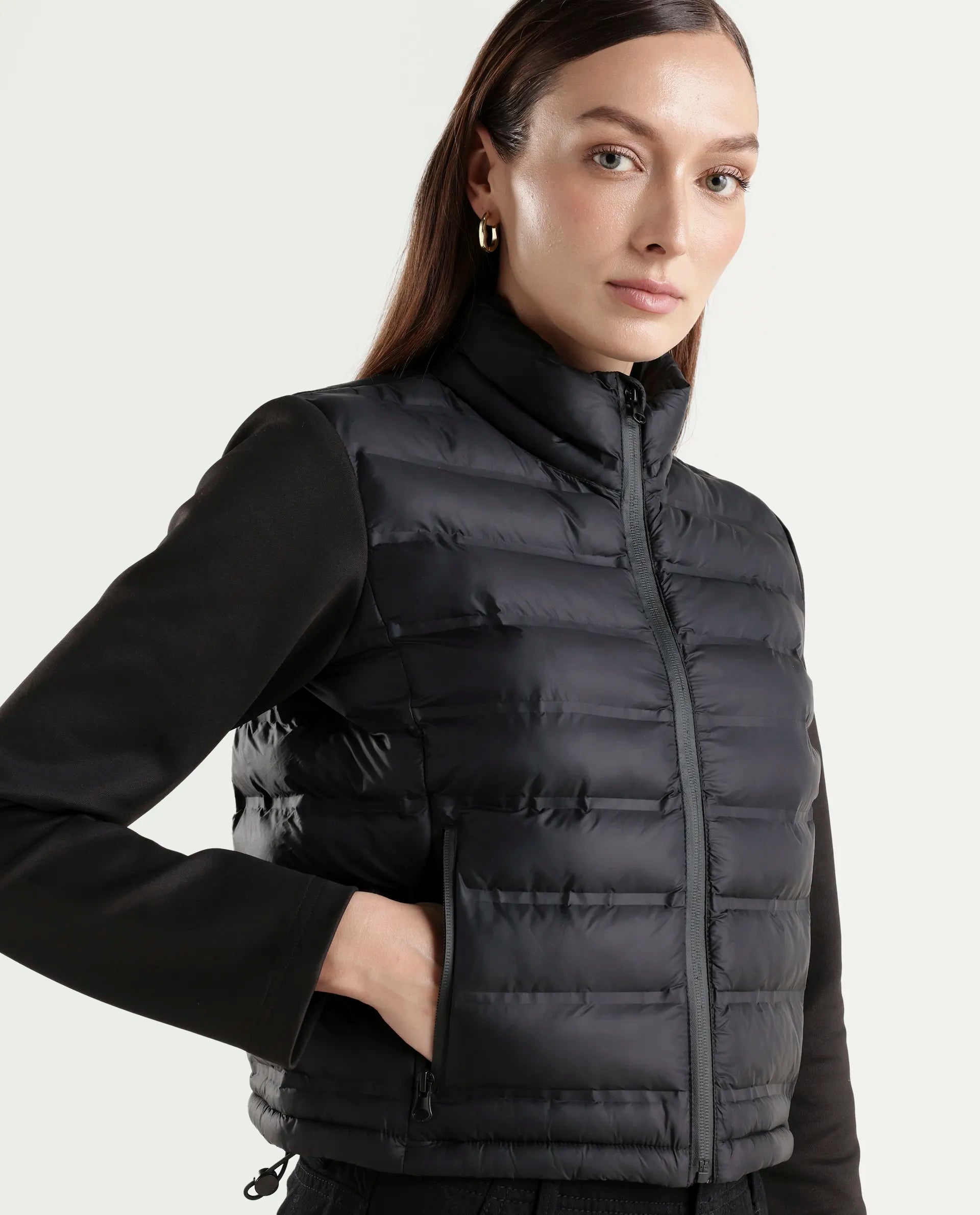 Rareism Women's Zarcru Black Nylon Round Collar Regular Plain Jacket