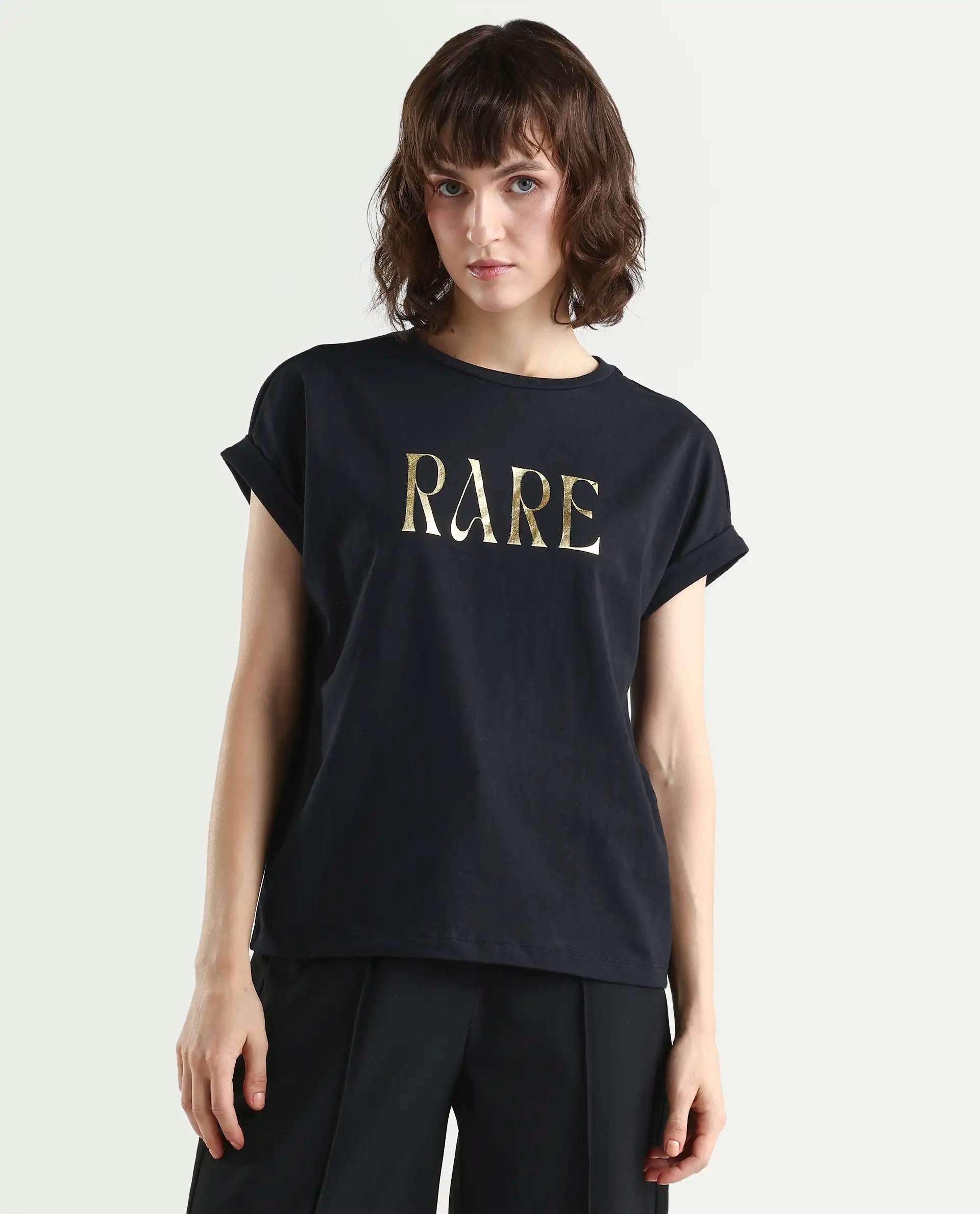 Rareism Women's Bhars Black Cotton Crew Neck Regular Fit Typography Print T-Shirt