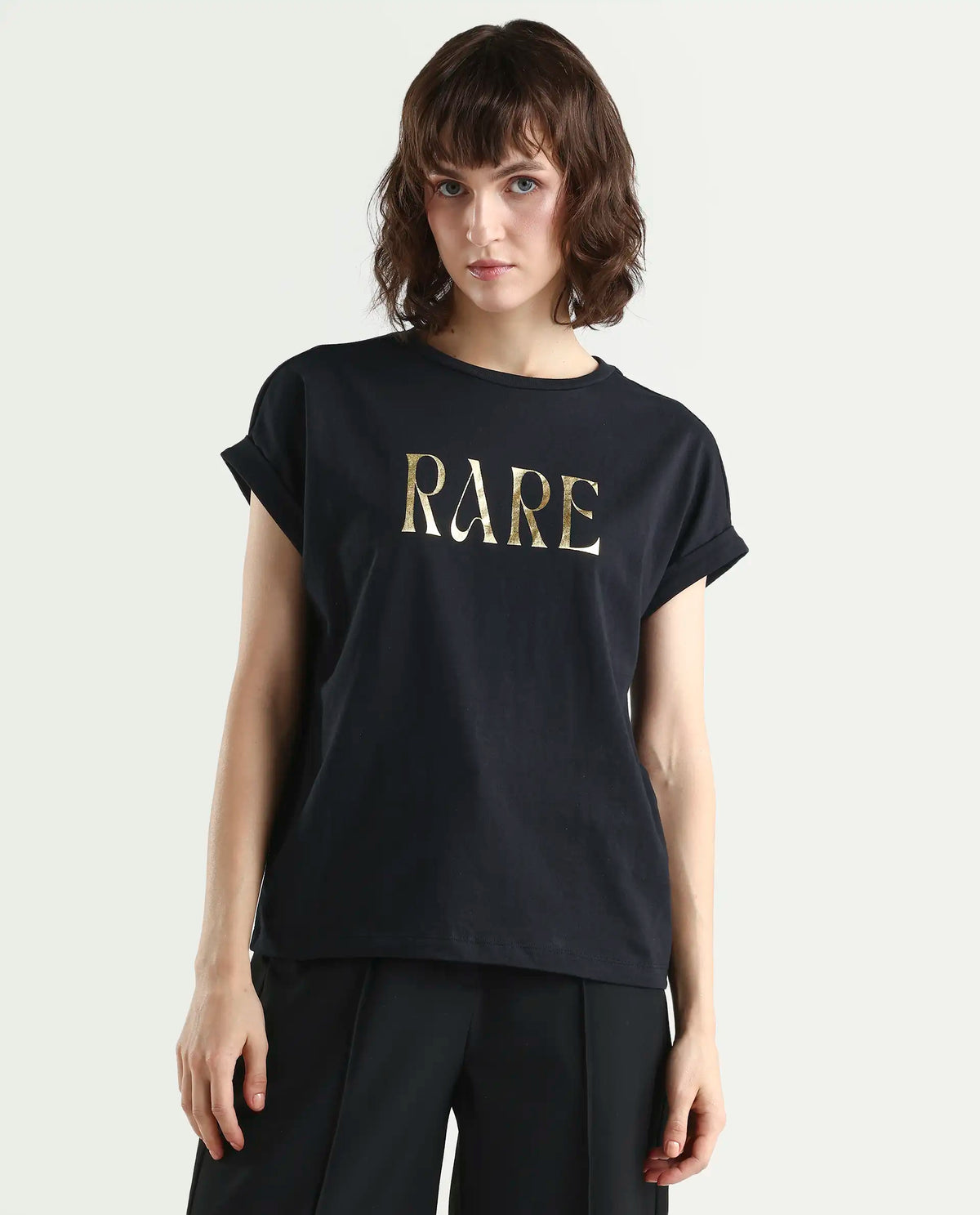 Rareism Women's Bhars Black Cotton Crew Neck Regular Fit Typography Print T-Shirt