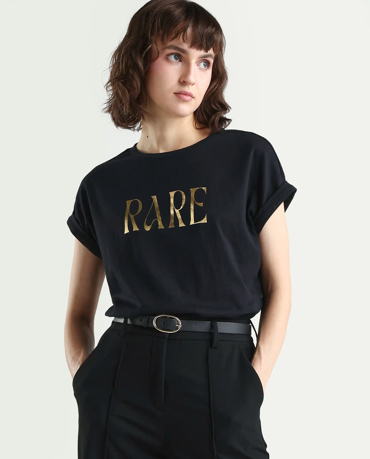 Rareism Women's Bhars Black Cotton Crew Neck Regular Fit Typography Print T-Shirt