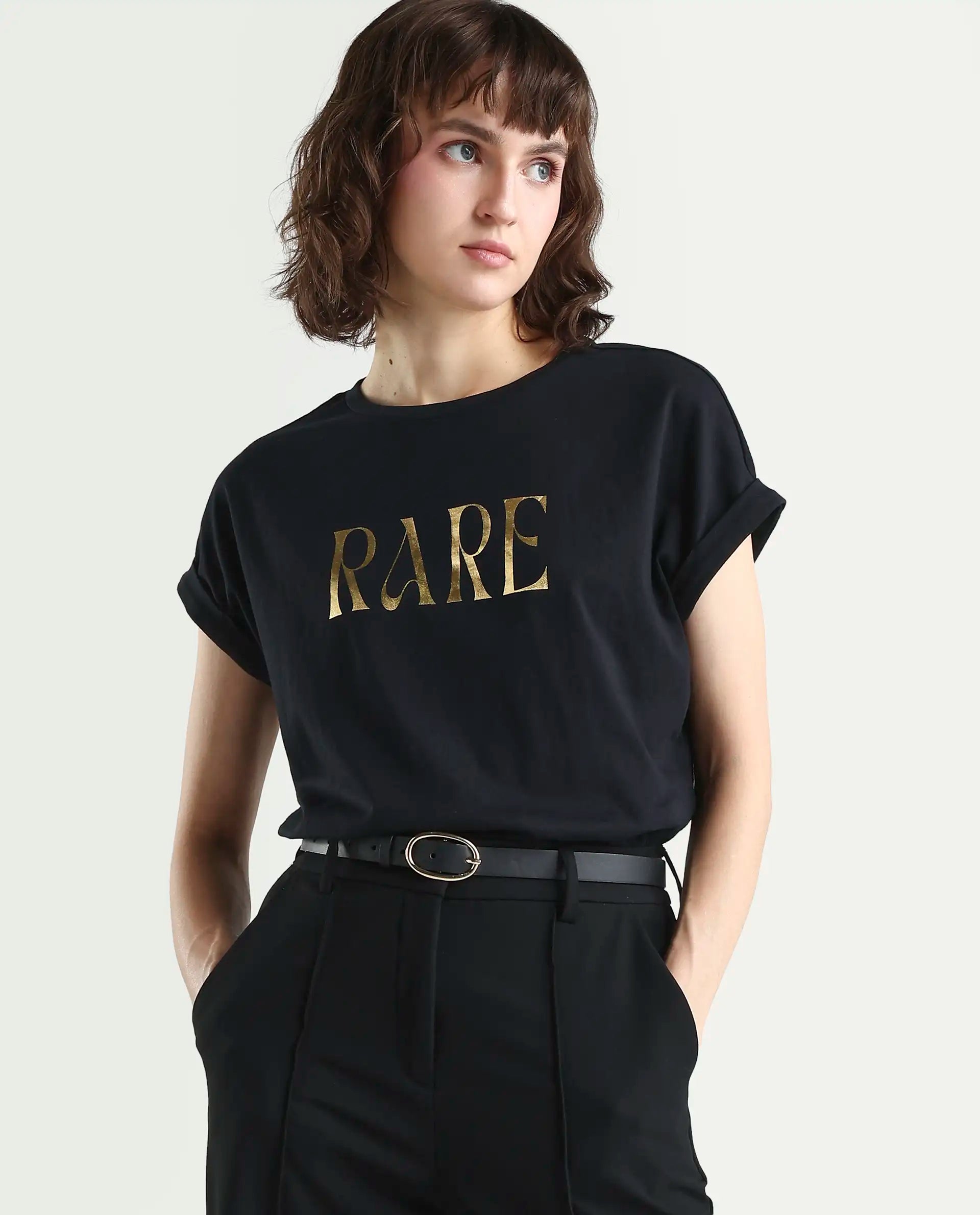 Rareism Women's Bhars Black Cotton Crew Neck Regular Fit Typography Print T-Shirt