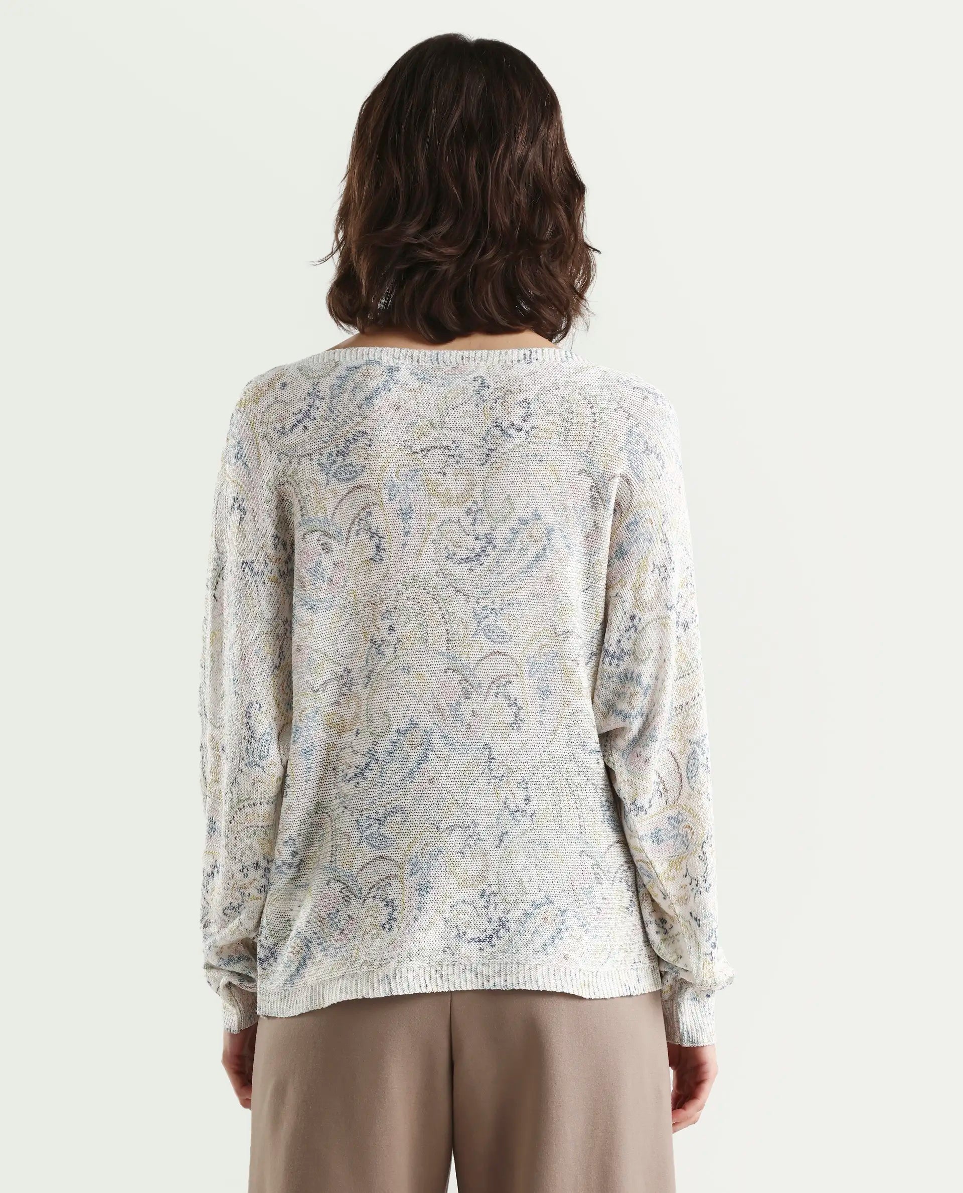 Rareism Women's Sovo Light Multi Viscose Blend Full Sleeve Boat Neck Relaxed Fit Paisley Top