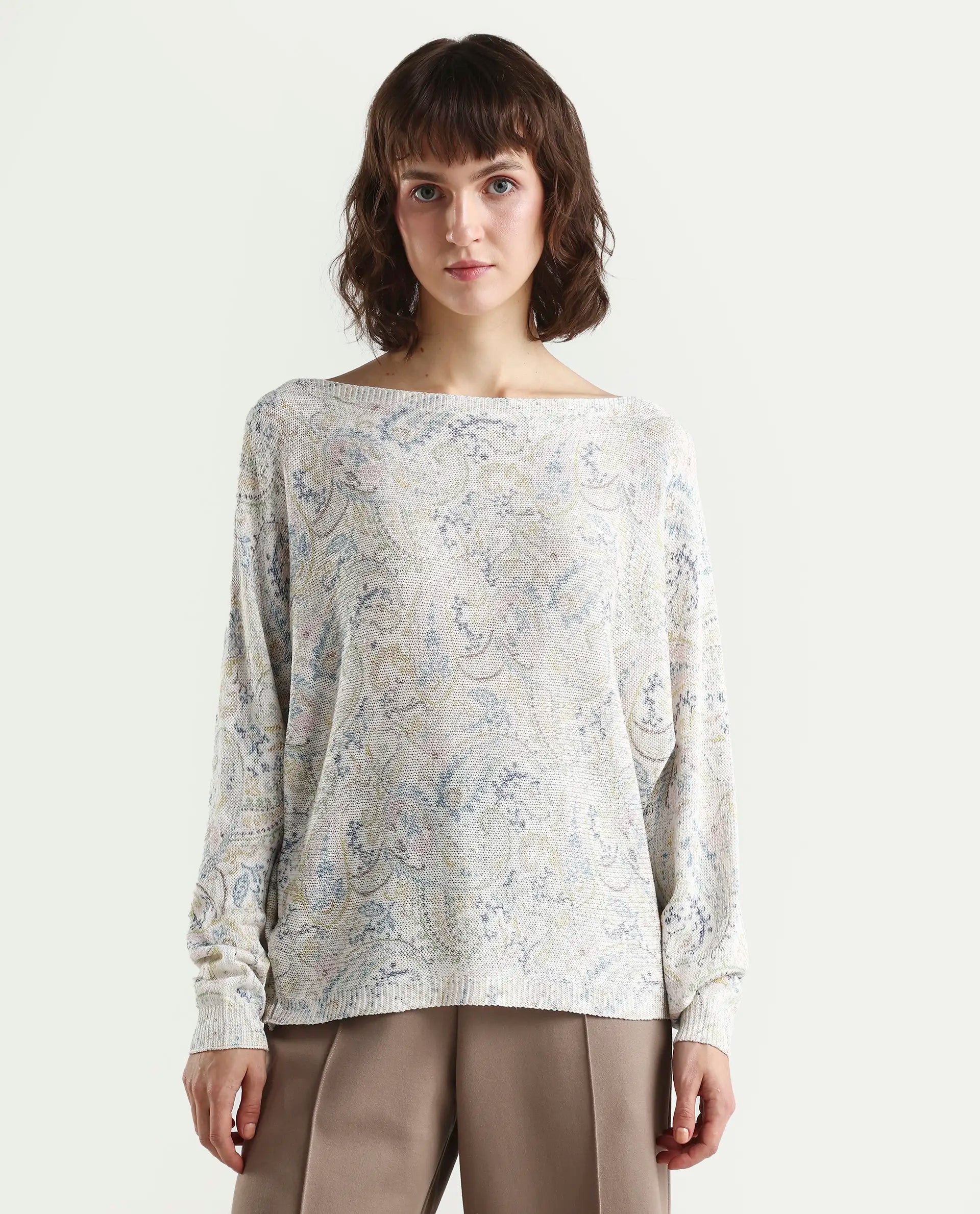 Rareism Women's Sovo Light Multi Viscose Blend Full Sleeve Boat Neck Relaxed Fit Paisley Top