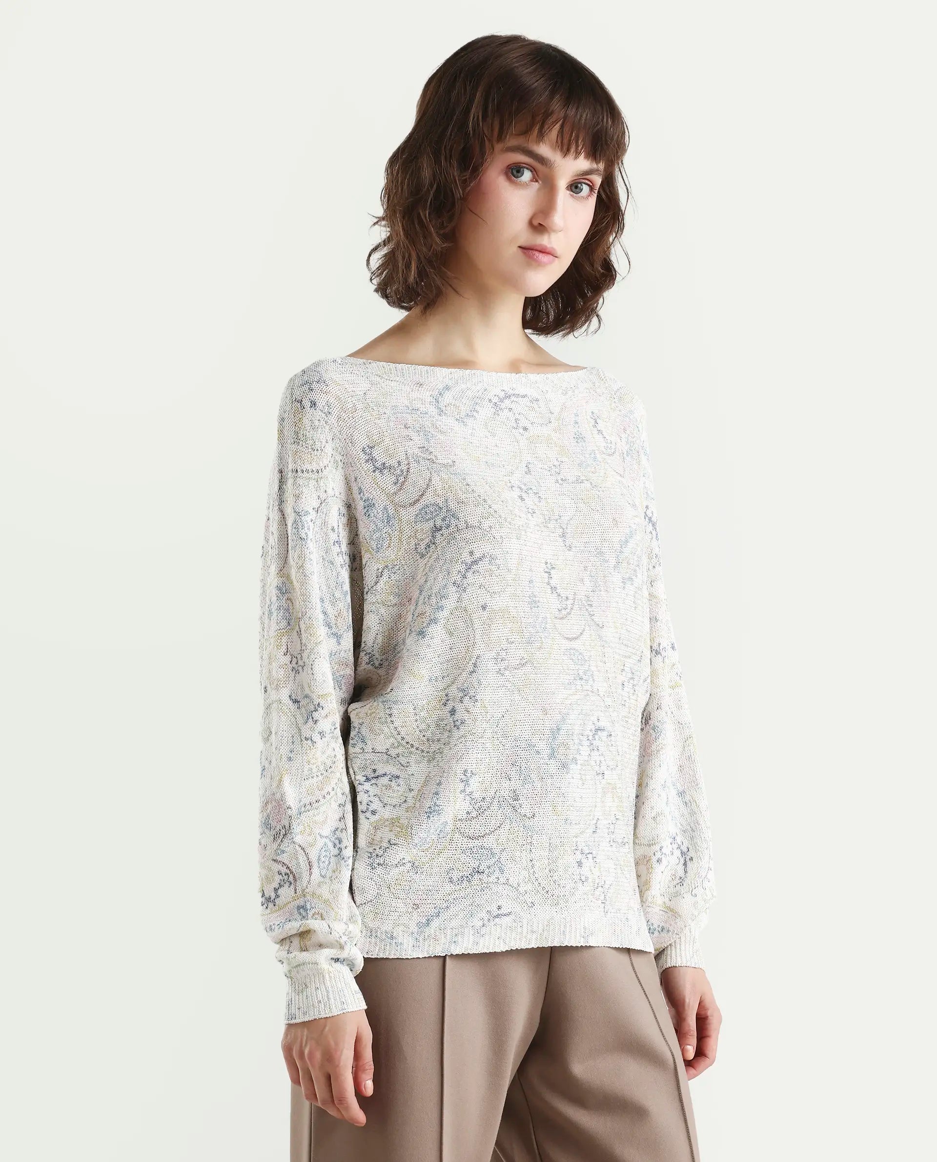 Rareism Women's Sovo Light Multi Viscose Blend Full Sleeve Boat Neck Relaxed Fit Paisley Top