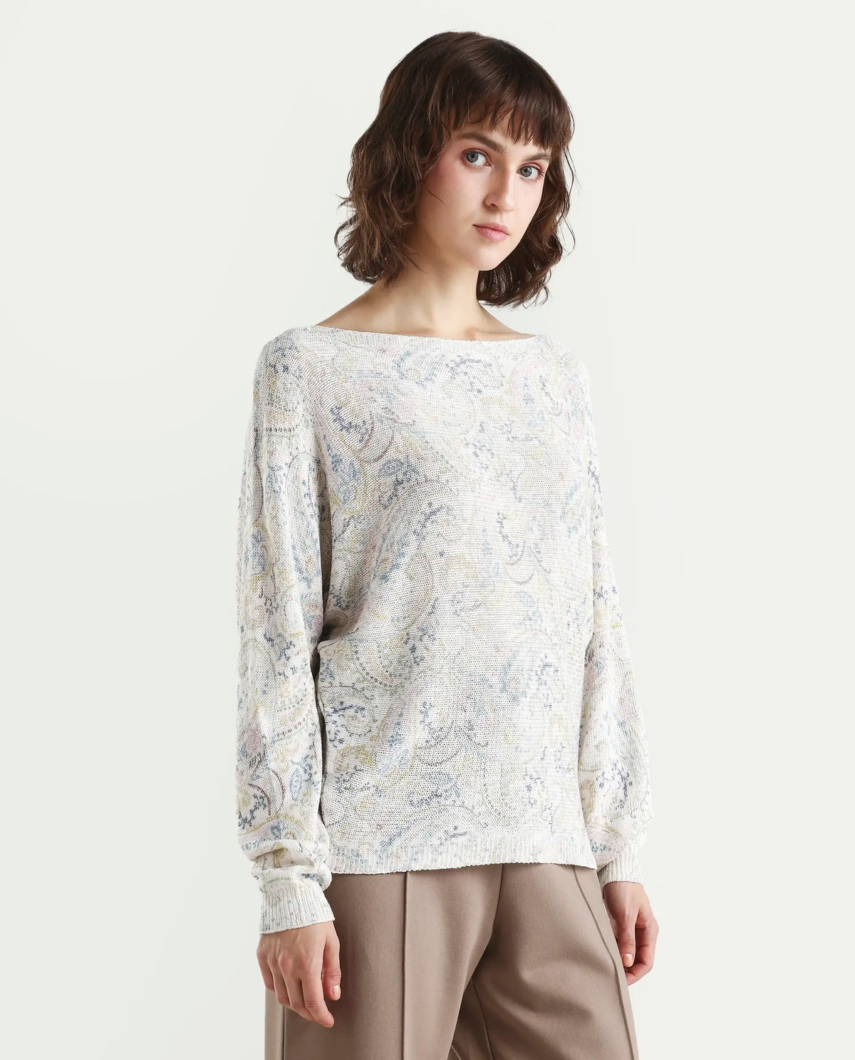 Rareism Women's Sovo Light Multi Viscose Blend Full Sleeve Boat Neck Relaxed Fit Paisley Top