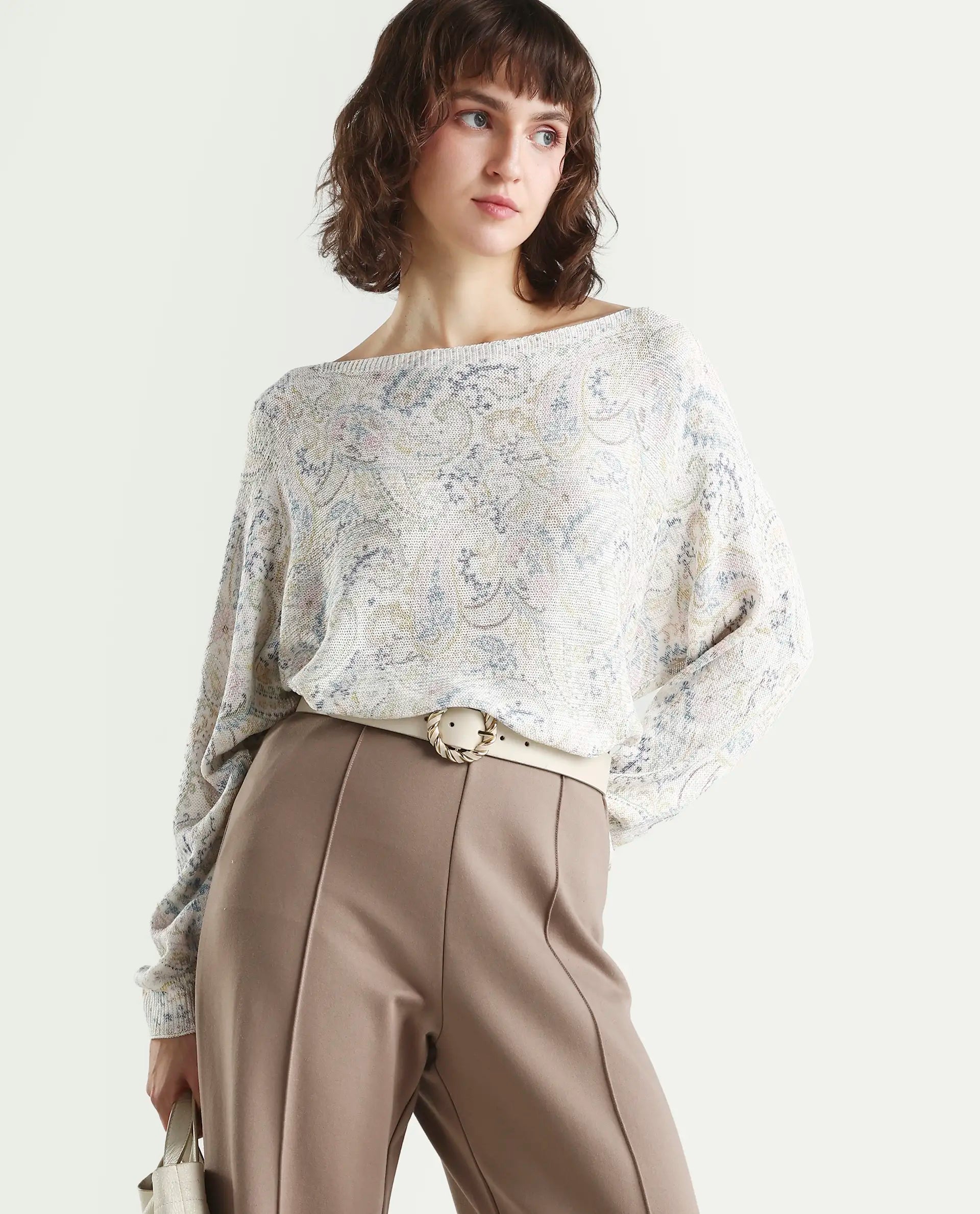 Rareism Women's Sovo Light Multi Viscose Blend Full Sleeve Boat Neck Relaxed Fit Paisley Top