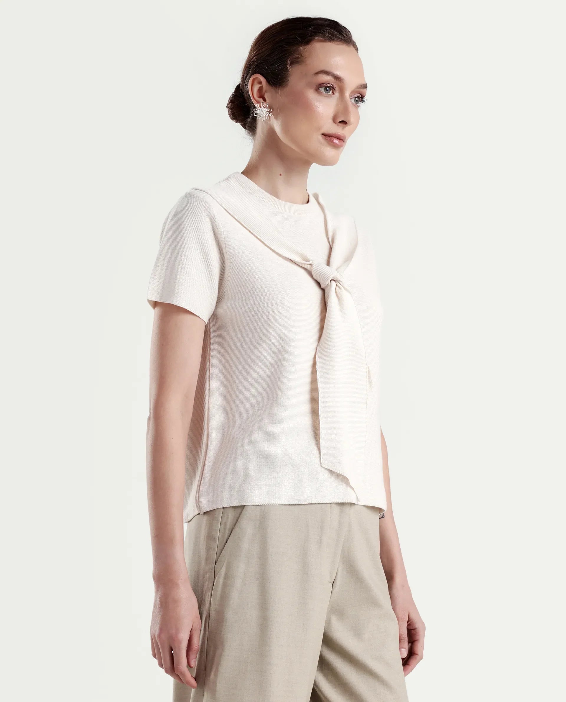 Rareism Women's Sava Off White Cotton Half Sleeve Cowl Neck Regular Fit Plain Top