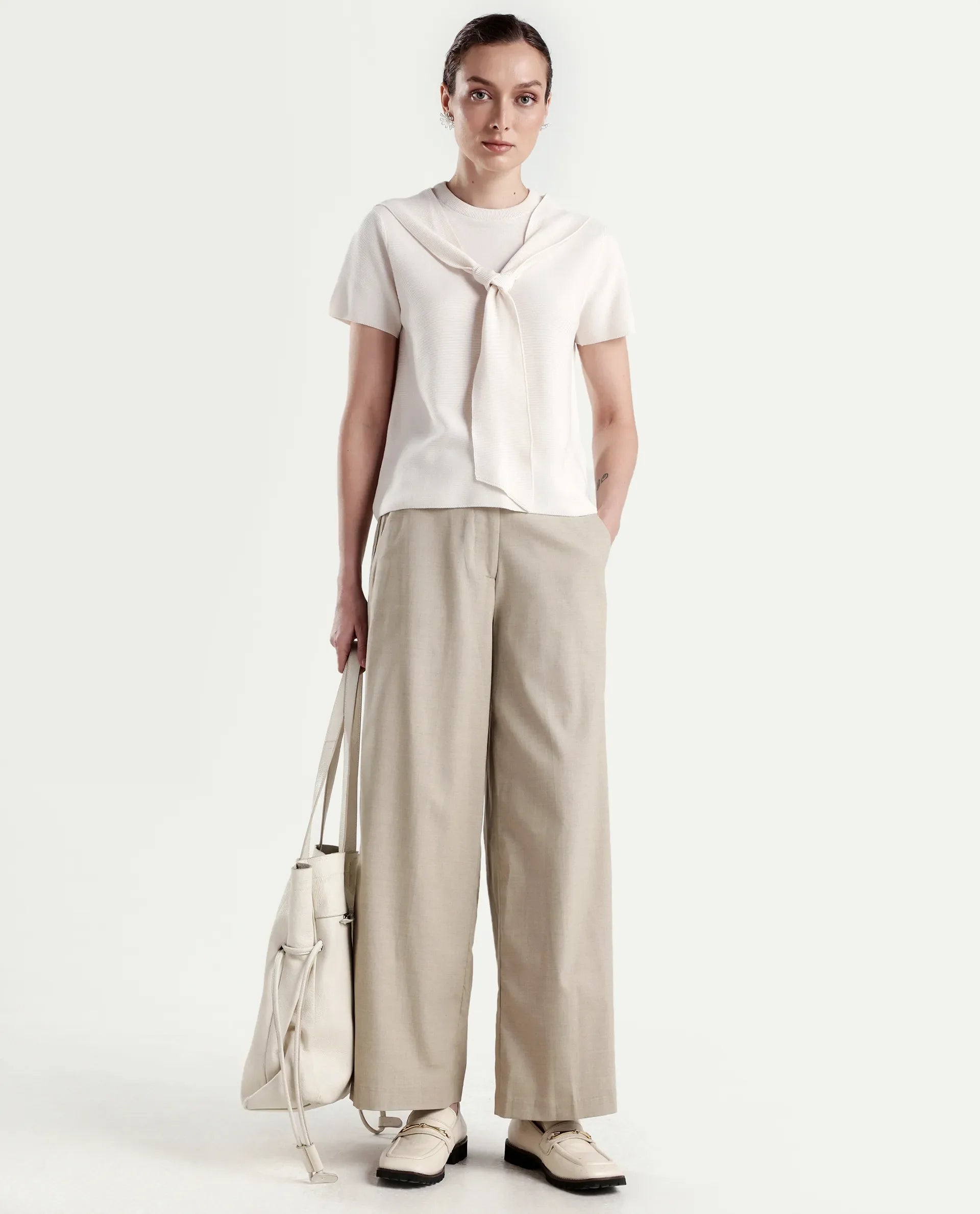 Rareism Women's Sava Off White Cotton Half Sleeve Cowl Neck Regular Fit Plain Top