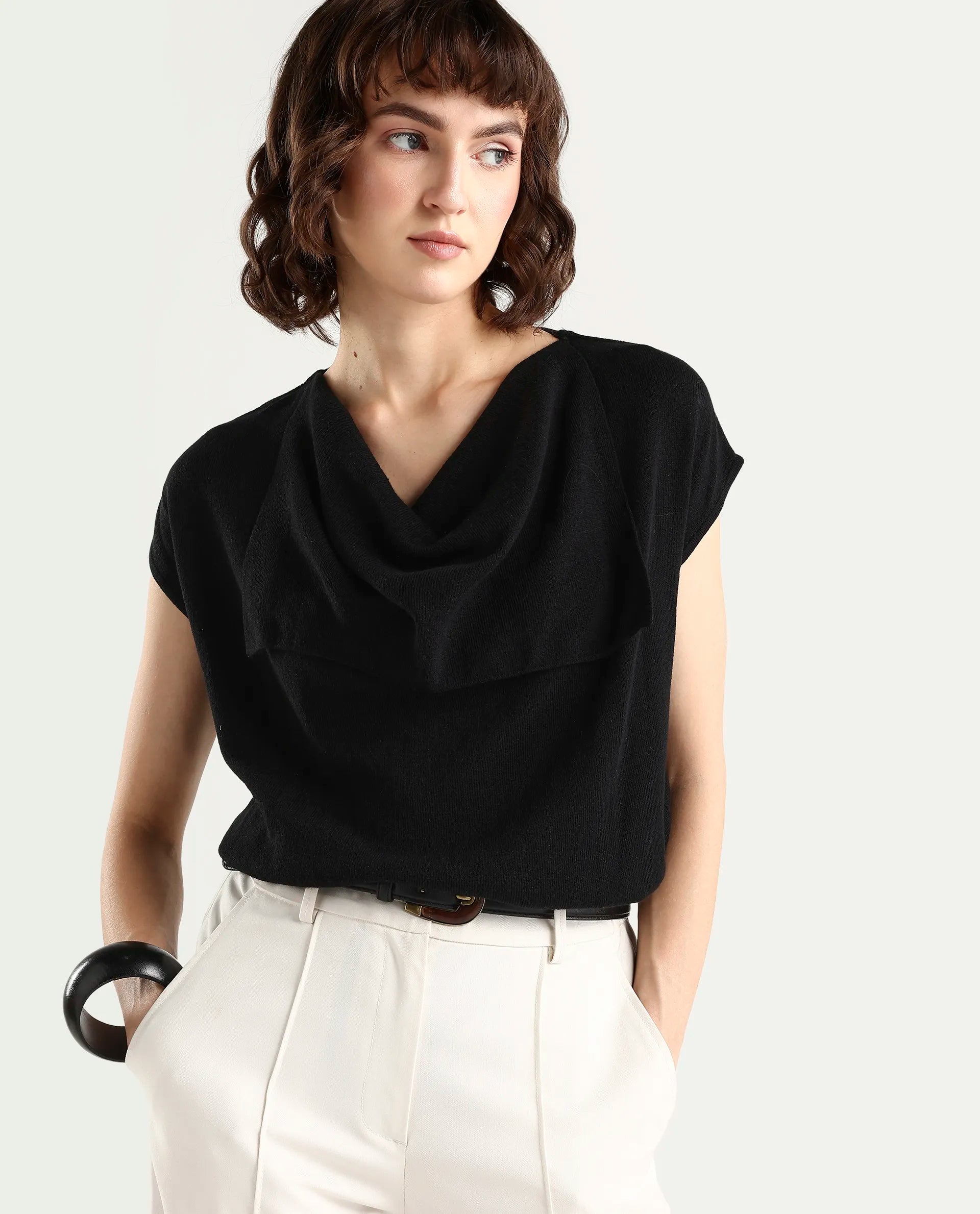 Rareism Women's Star Black Viscose Blend Half Sleeve Cowl Neck Relaxed Fit Plain Top