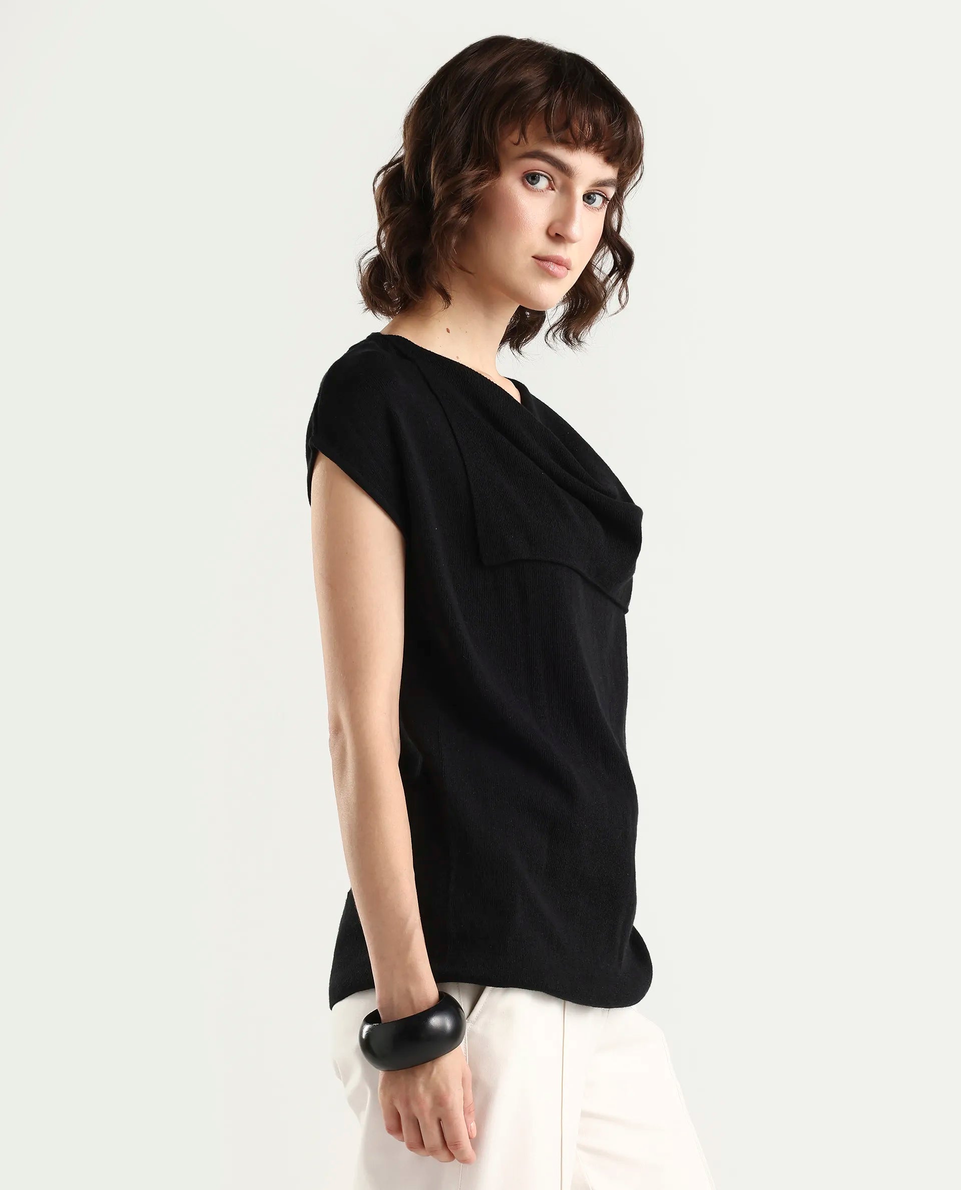 Rareism Women's Star Black Viscose Blend Half Sleeve Cowl Neck Relaxed Fit Plain Top