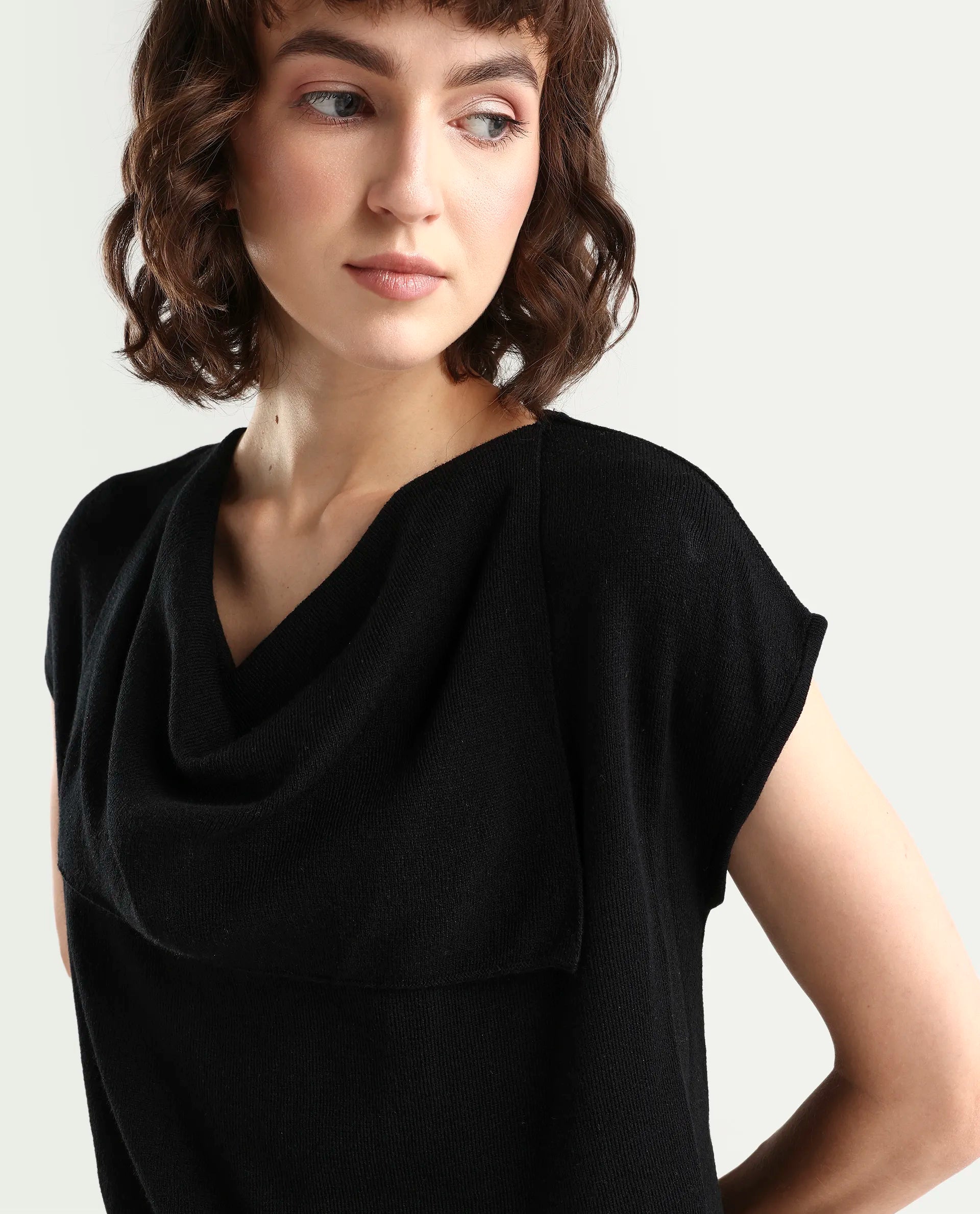 Rareism Women's Star Black Viscose Blend Half Sleeve Cowl Neck Relaxed Fit Plain Top