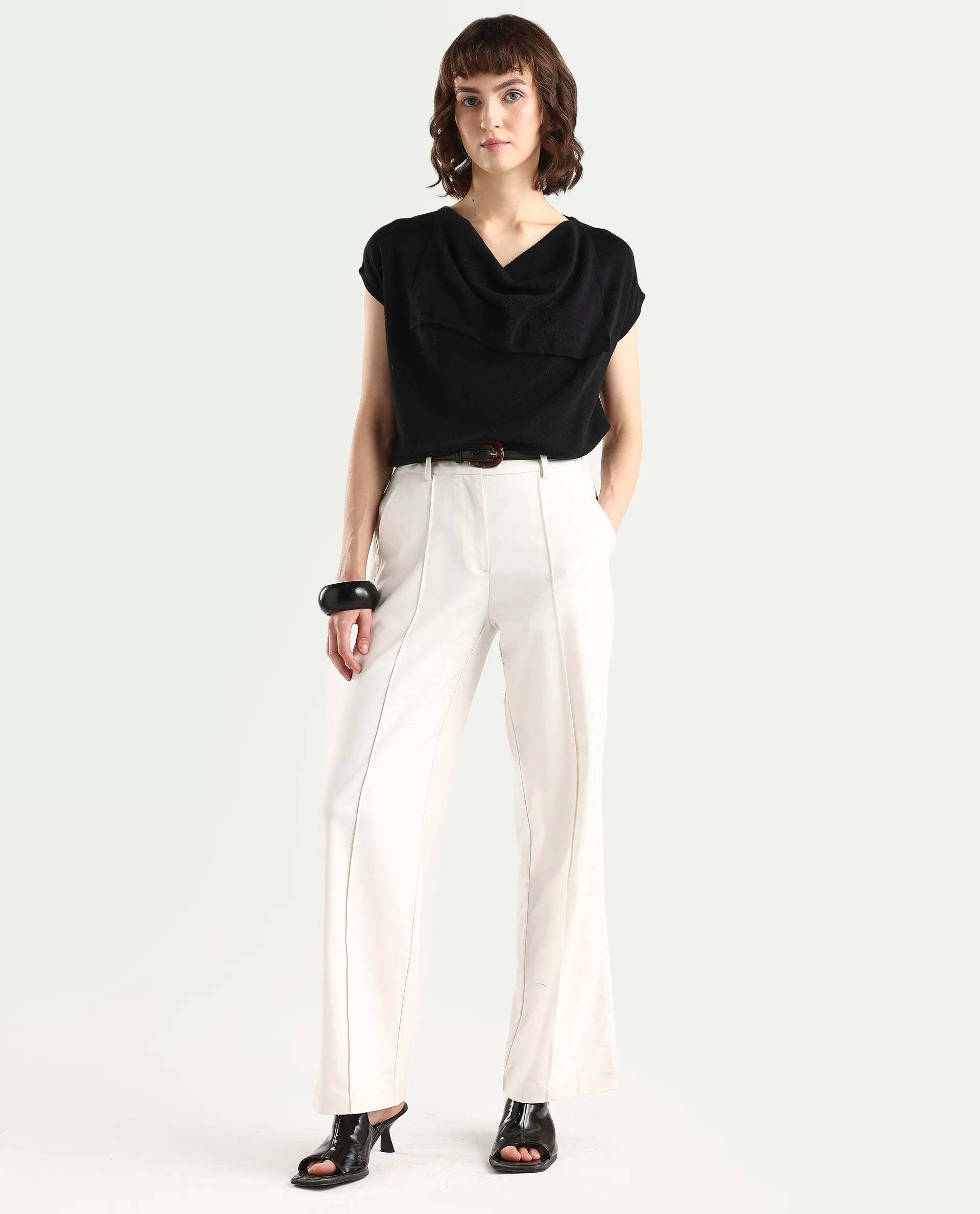 Rareism Women's Star Black Viscose Blend Half Sleeve Cowl Neck Relaxed Fit Plain Top