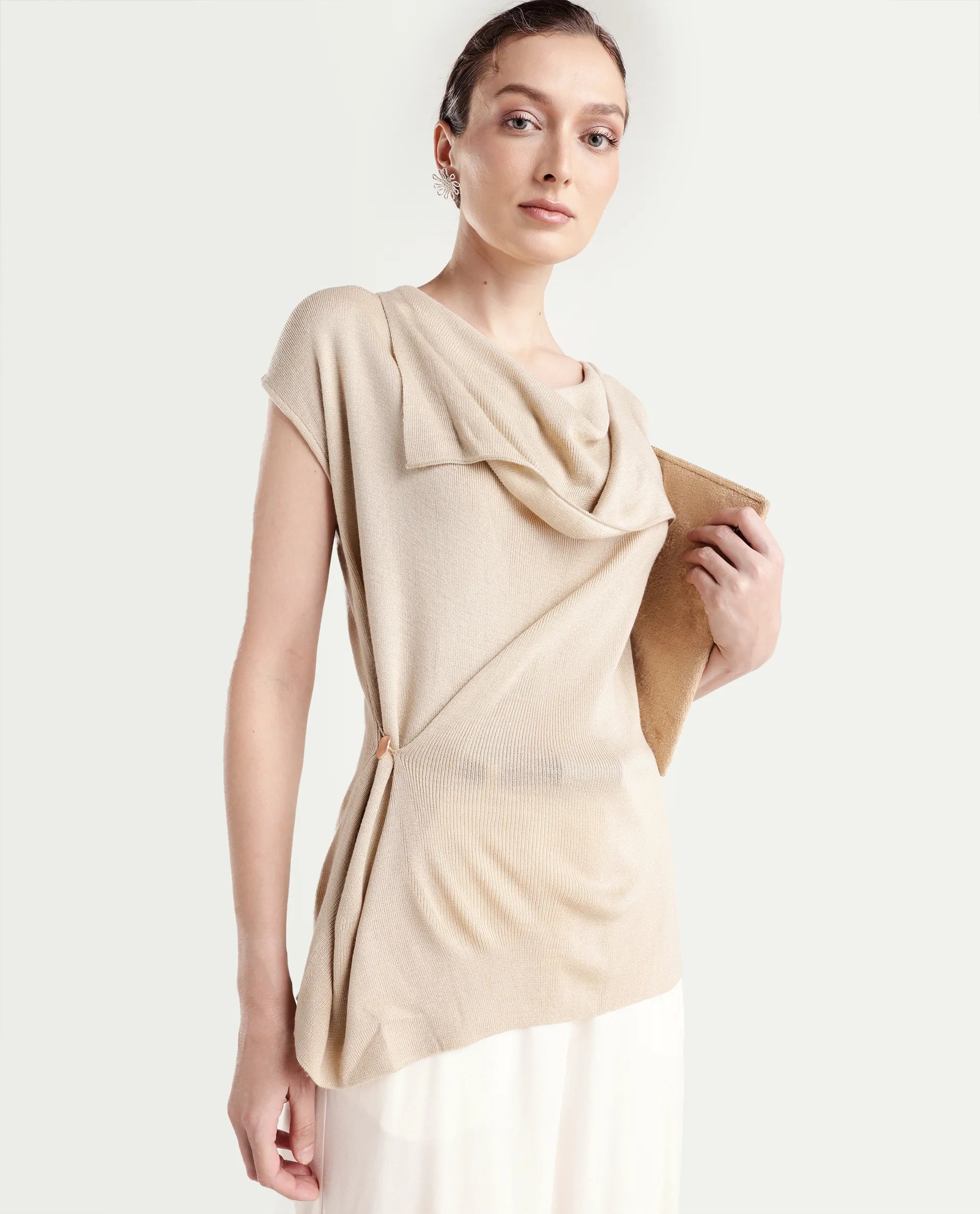 Rareism Women's Star Beige Viscose Blend Half Sleeve Cowl Neck Relaxed Fit Plain Top