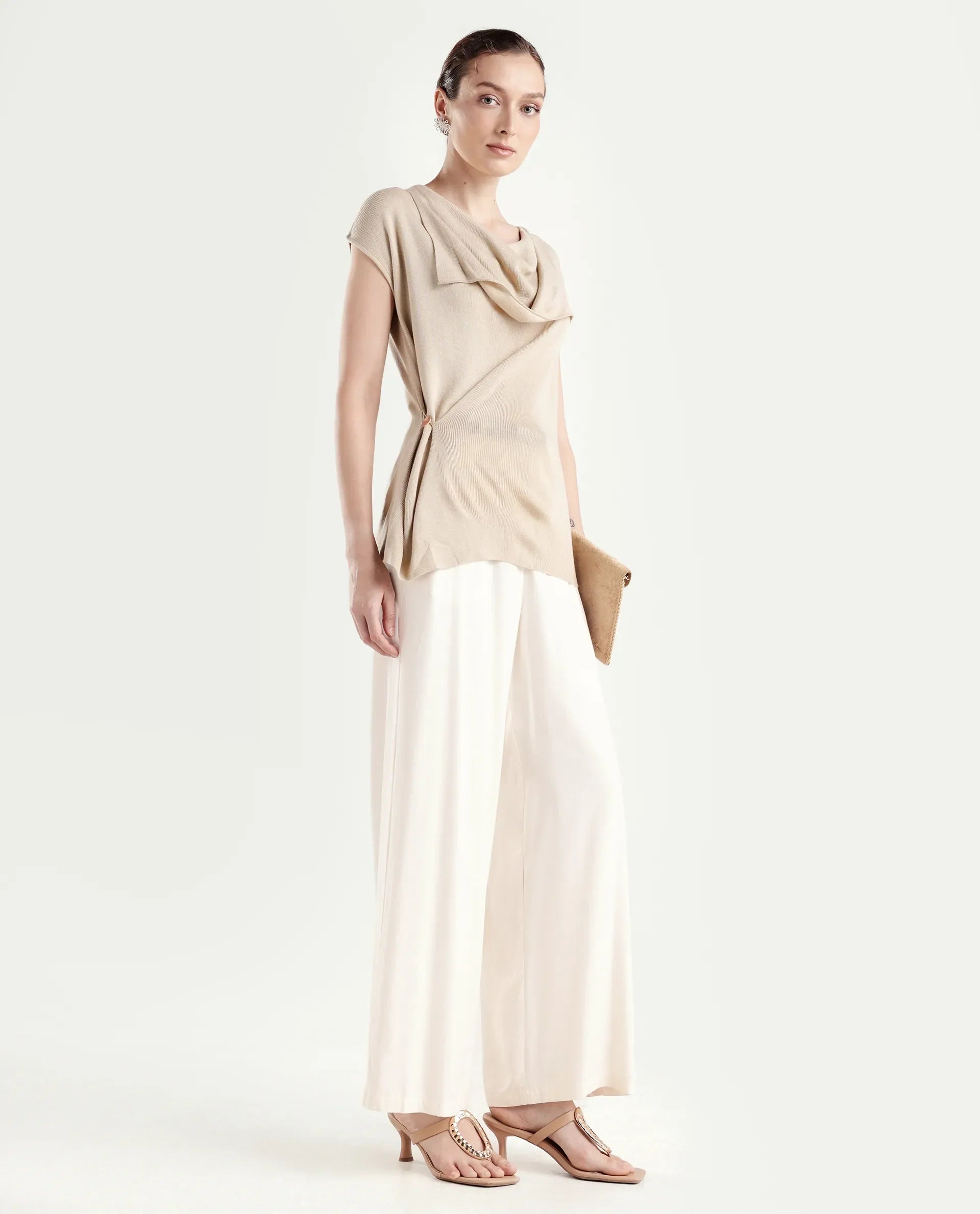 Rareism Women's Star Beige Viscose Blend Half Sleeve Cowl Neck Relaxed Fit Plain Top