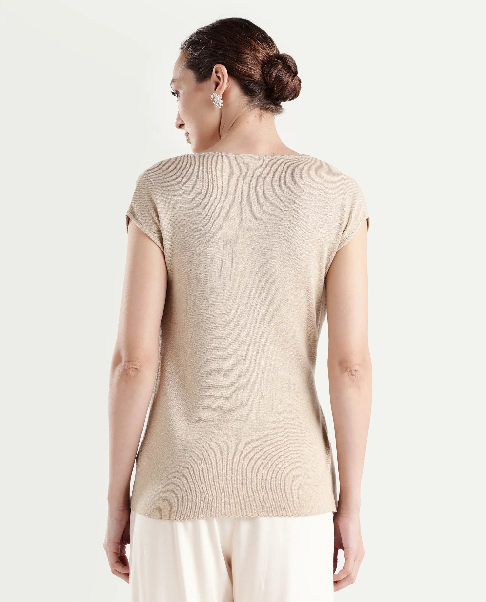 Rareism Women's Star Beige Viscose Blend Half Sleeve Cowl Neck Relaxed Fit Plain Top