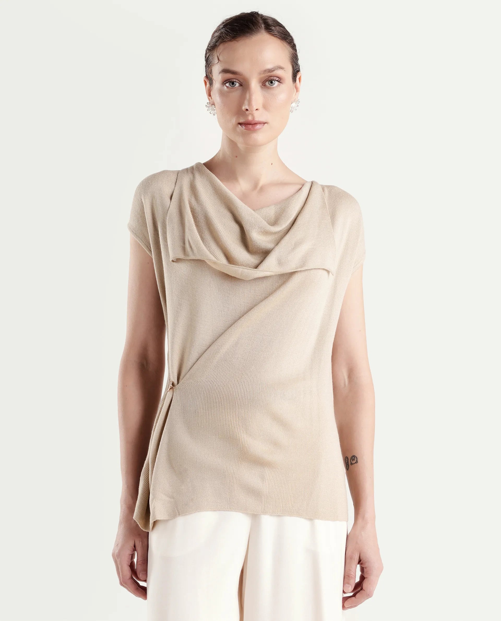 Rareism Women's Star Beige Viscose Blend Half Sleeve Cowl Neck Relaxed Fit Plain Top