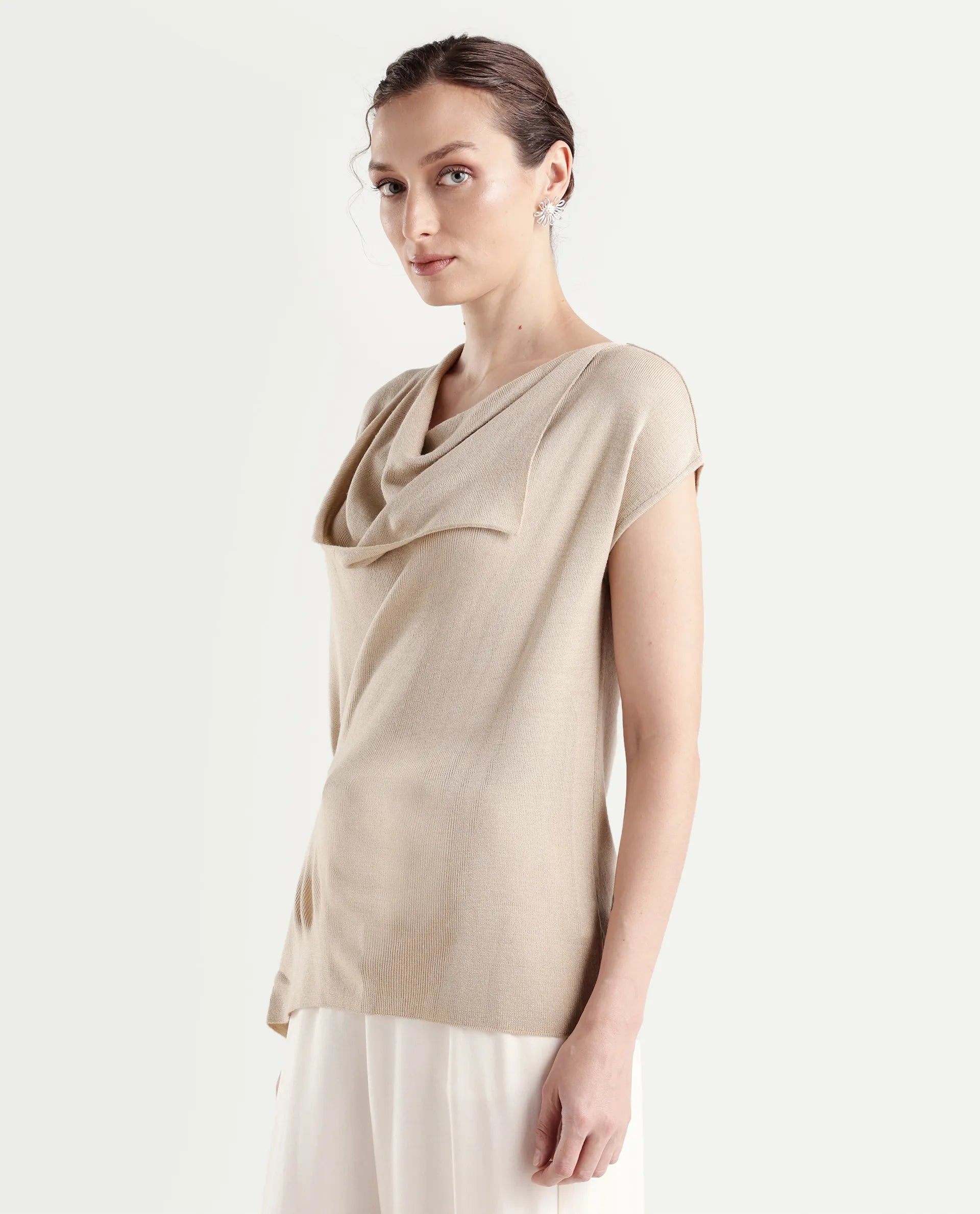 Rareism Women's Star Beige Viscose Blend Half Sleeve Cowl Neck Relaxed Fit Plain Top