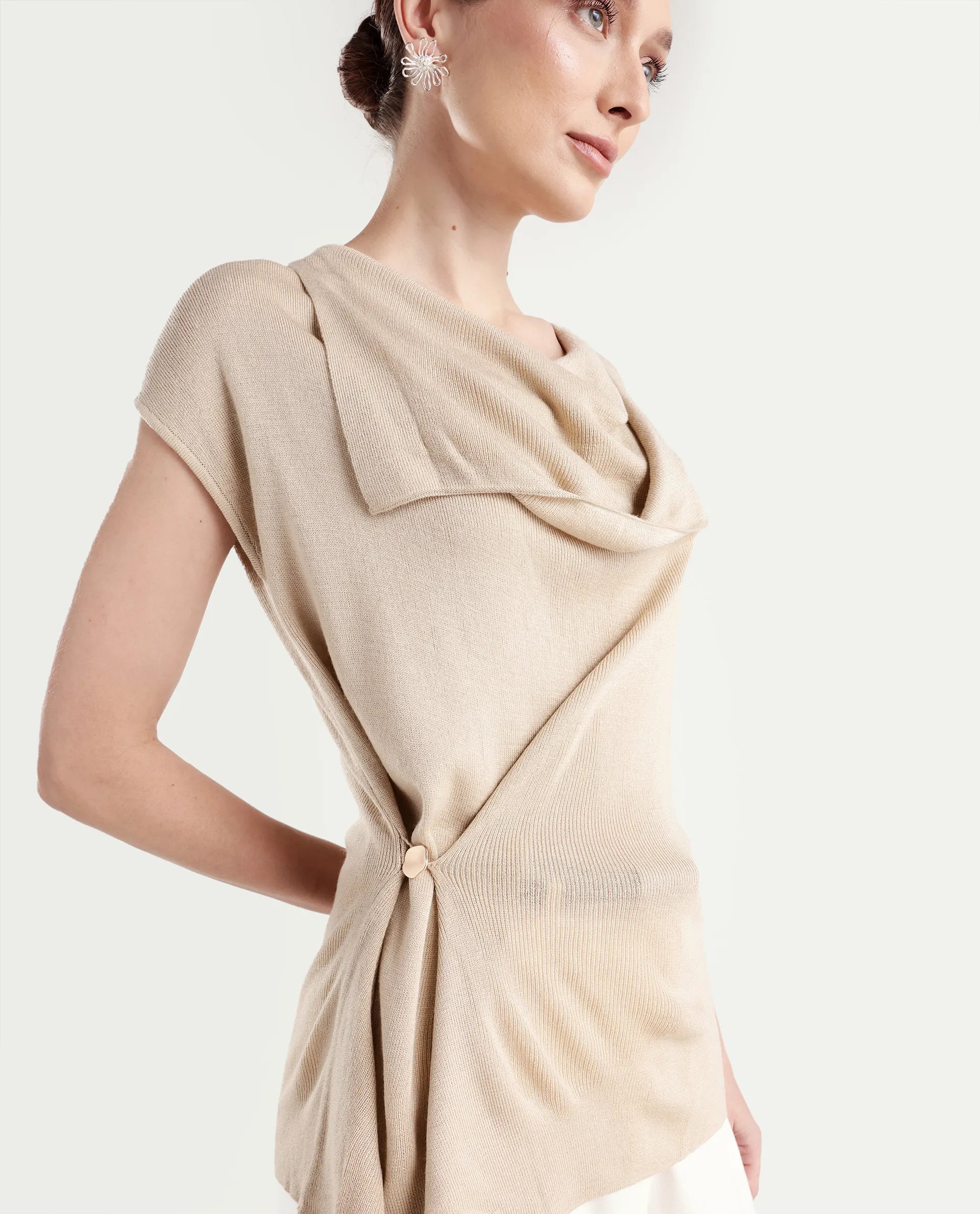 Rareism Women's Star Beige Viscose Blend Half Sleeve Cowl Neck Relaxed Fit Plain Top