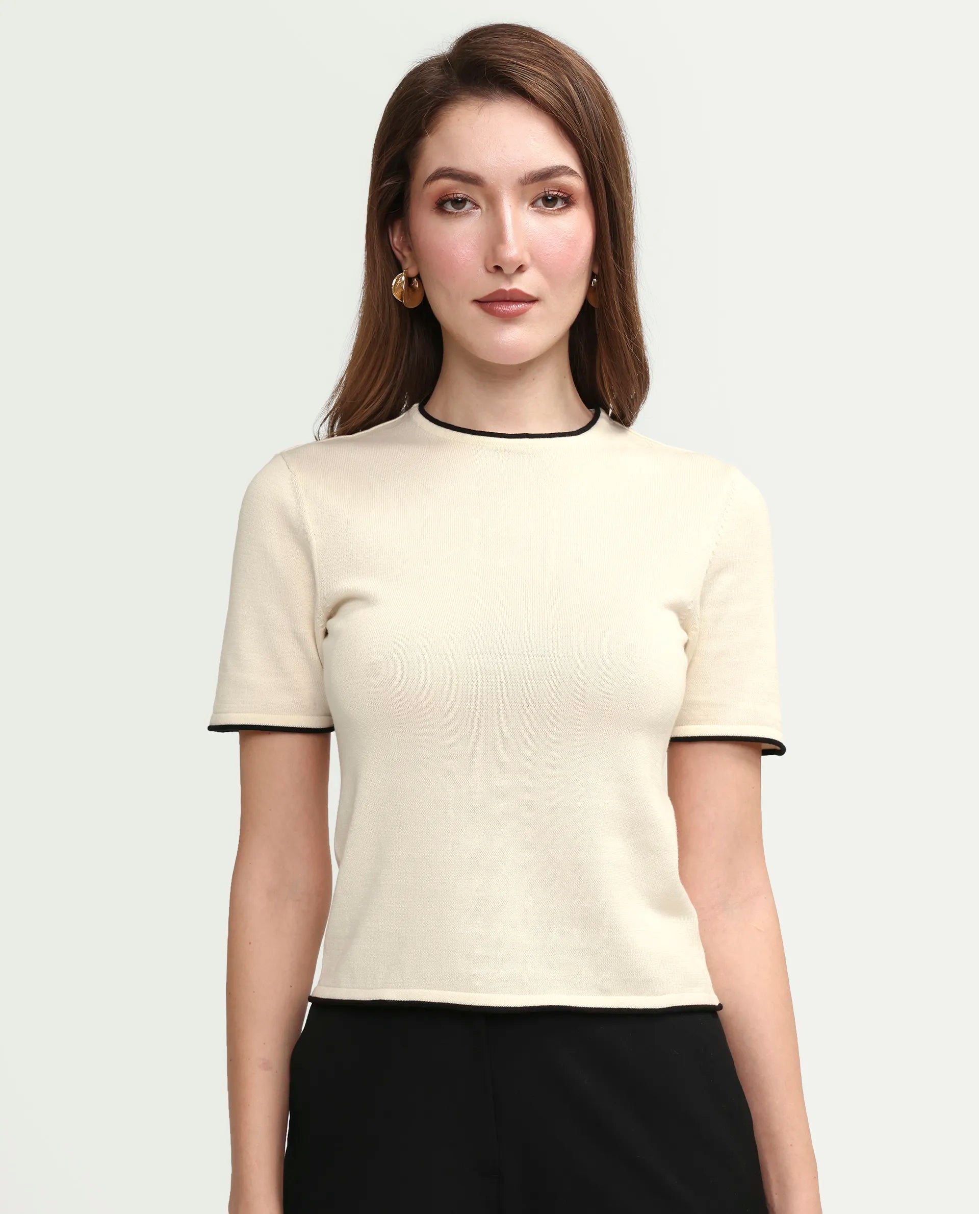 Rareism Women's Sesh Off White Cotton Half Sleeve Crew Neck Regular Fit Plain Top