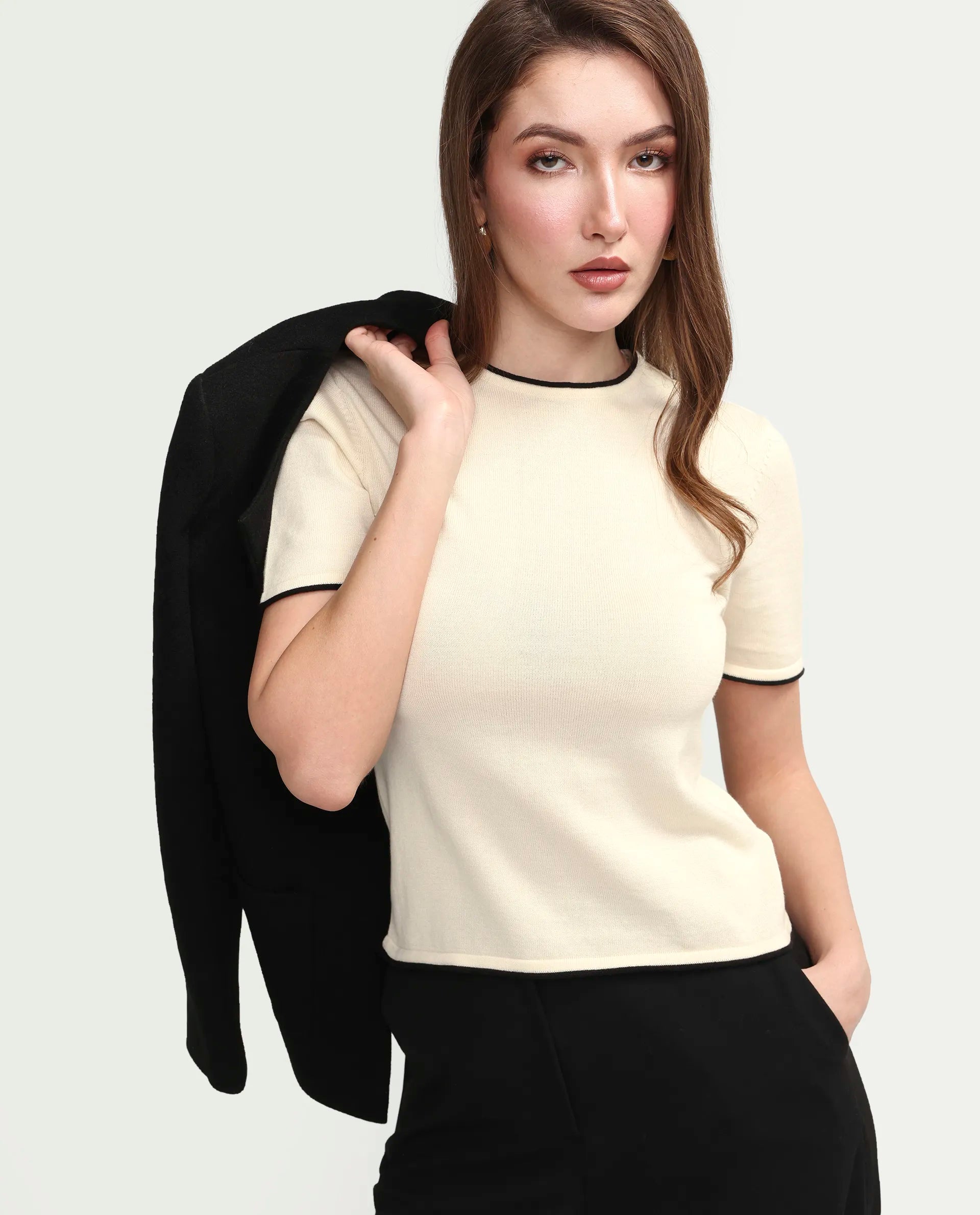 Rareism Women's Sesh Off White Cotton Half Sleeve Crew Neck Regular Fit Plain Top