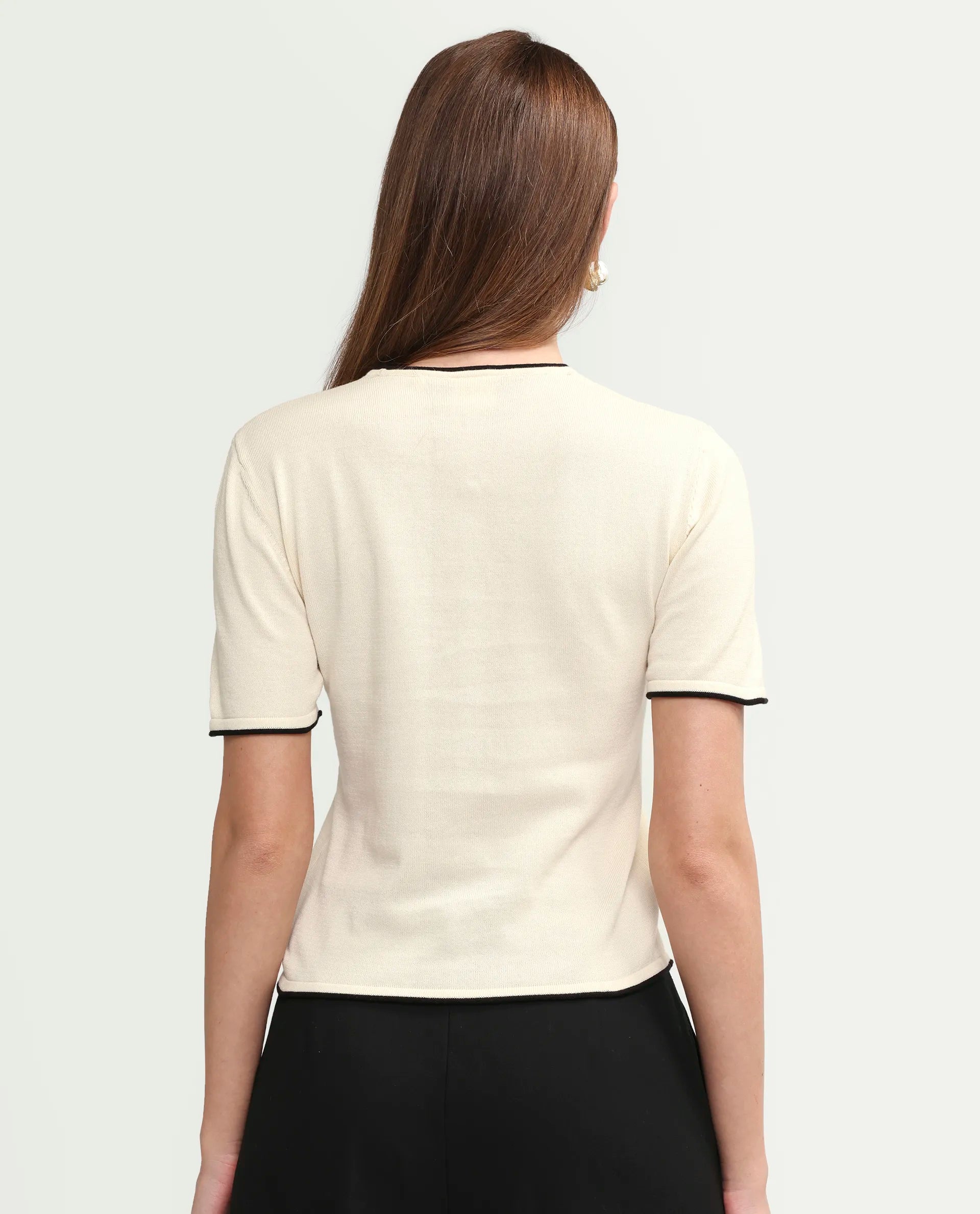 Rareism Women's Sesh Off White Cotton Half Sleeve Crew Neck Regular Fit Plain Top