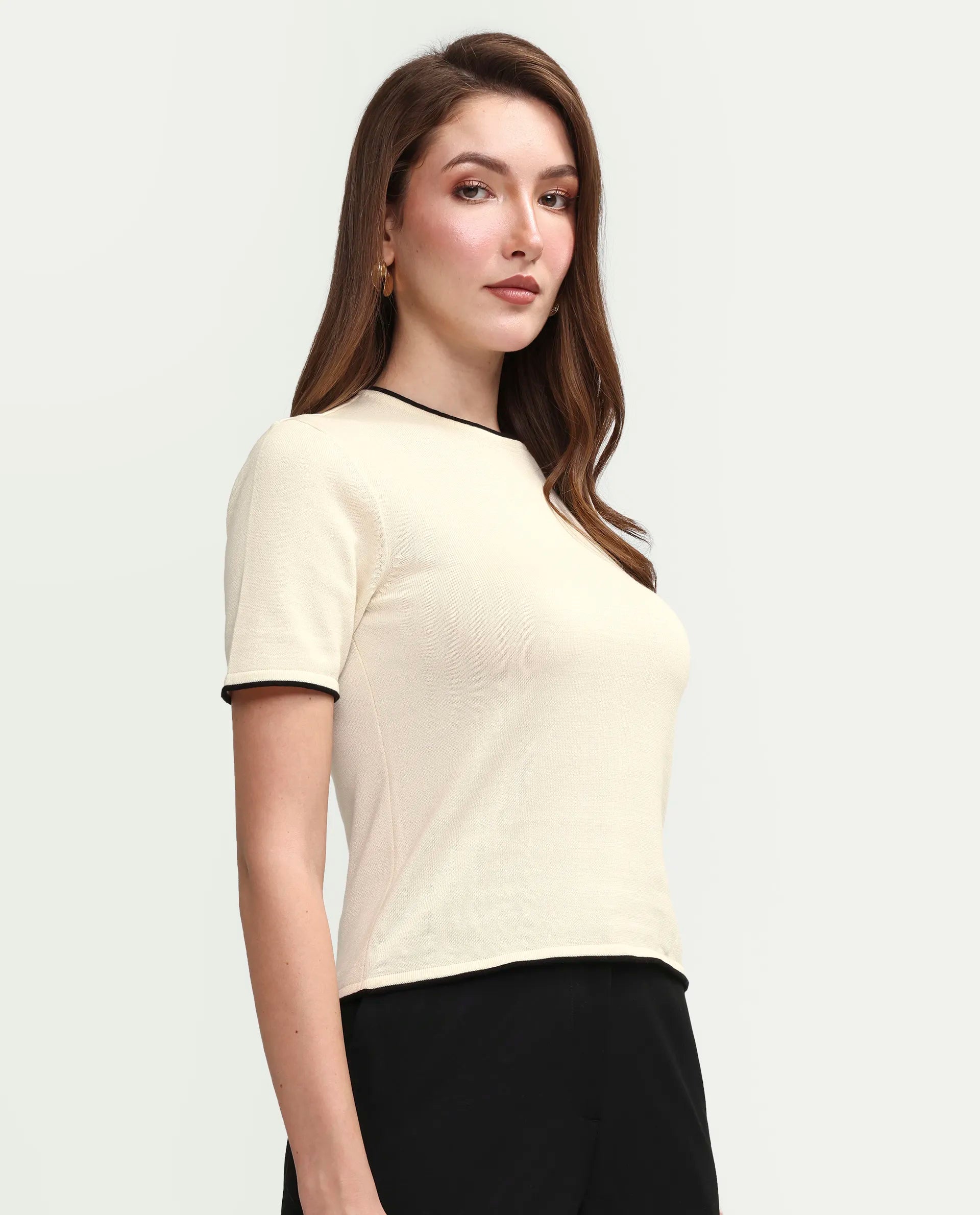 Rareism Women's Sesh Off White Cotton Half Sleeve Crew Neck Regular Fit Plain Top