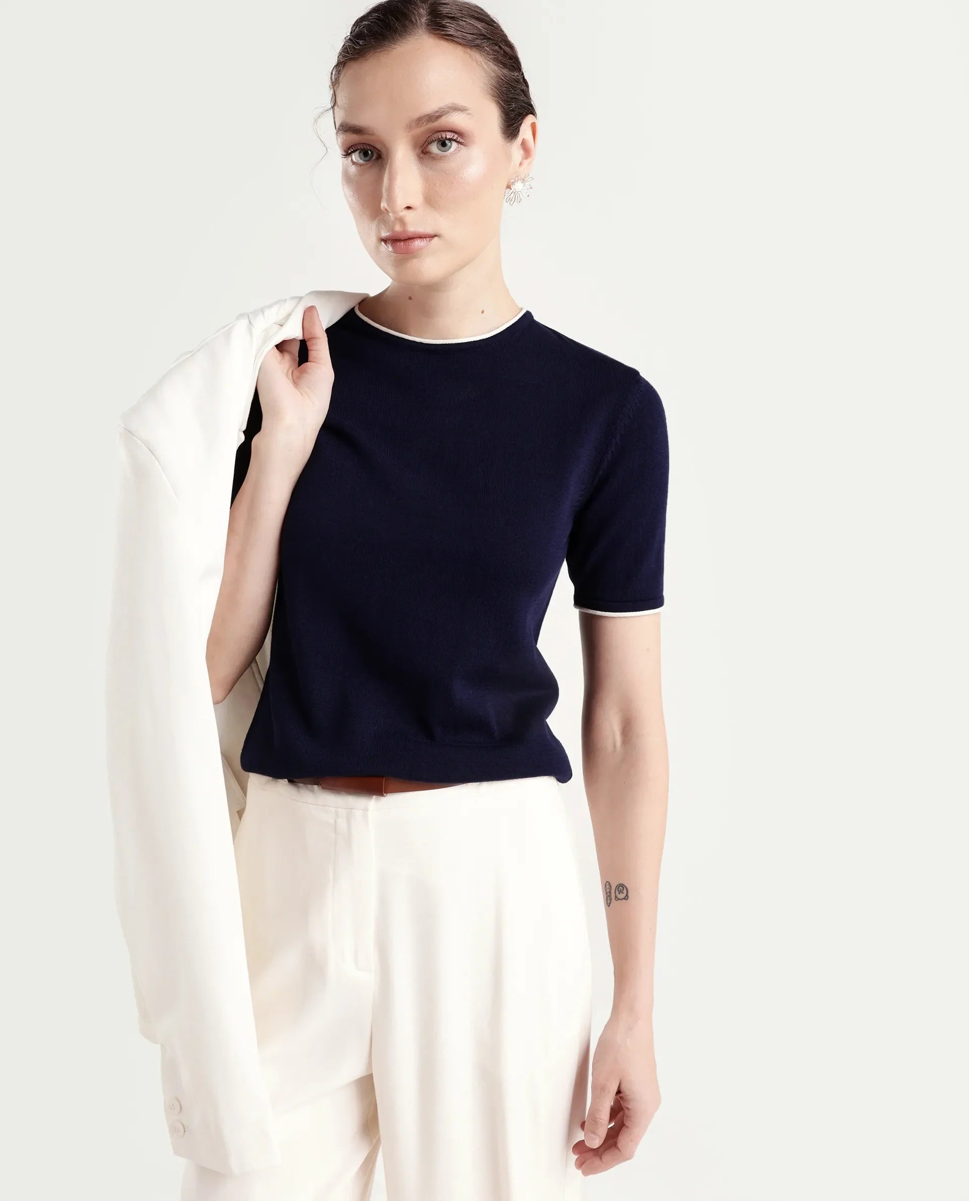 Rareism Women's Sesh Navy Cotton Half Sleeve Crew Neck Regular Fit Plain Top