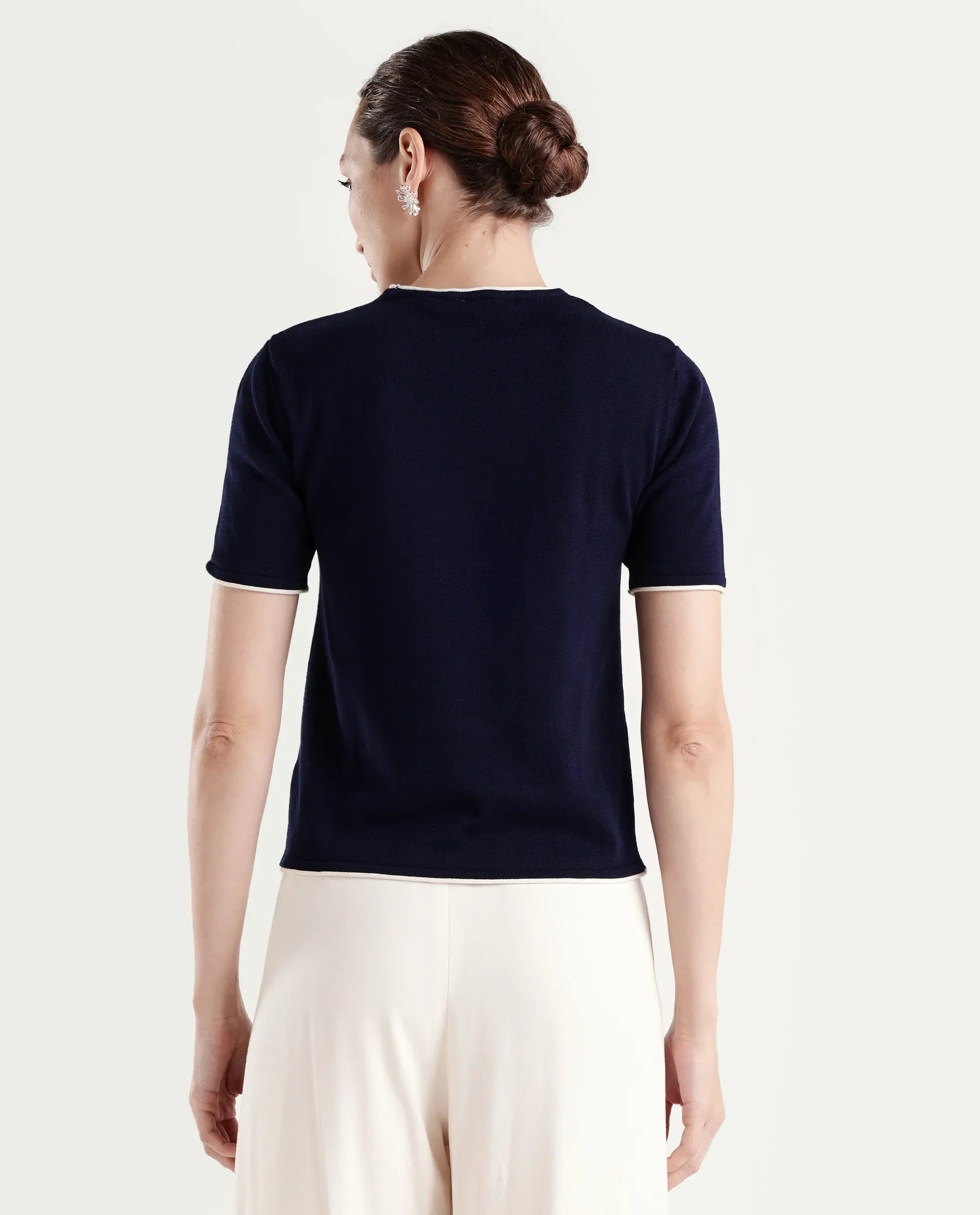 Rareism Women's Sesh Navy Cotton Half Sleeve Crew Neck Regular Fit Plain Top