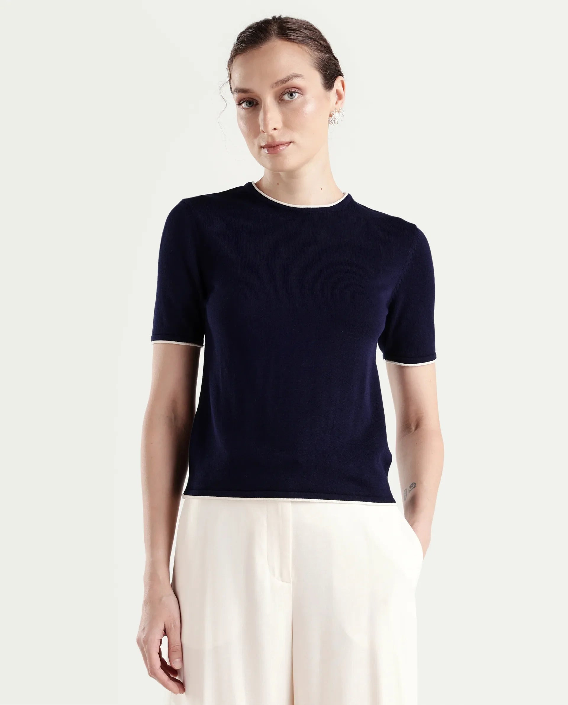 Rareism Women's Sesh Navy Cotton Half Sleeve Crew Neck Regular Fit Plain Top