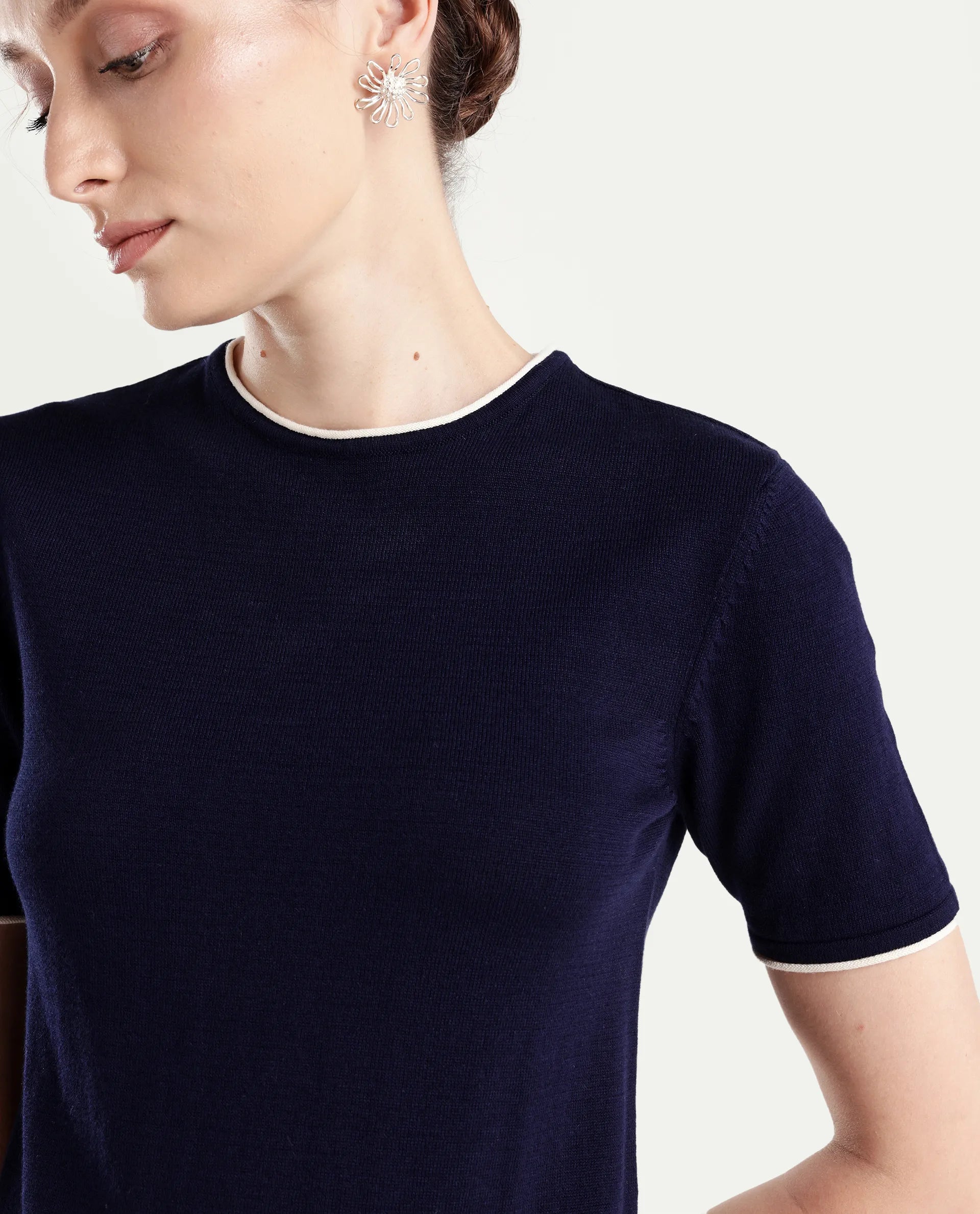 Rareism Women's Sesh Navy Cotton Half Sleeve Crew Neck Regular Fit Plain Top