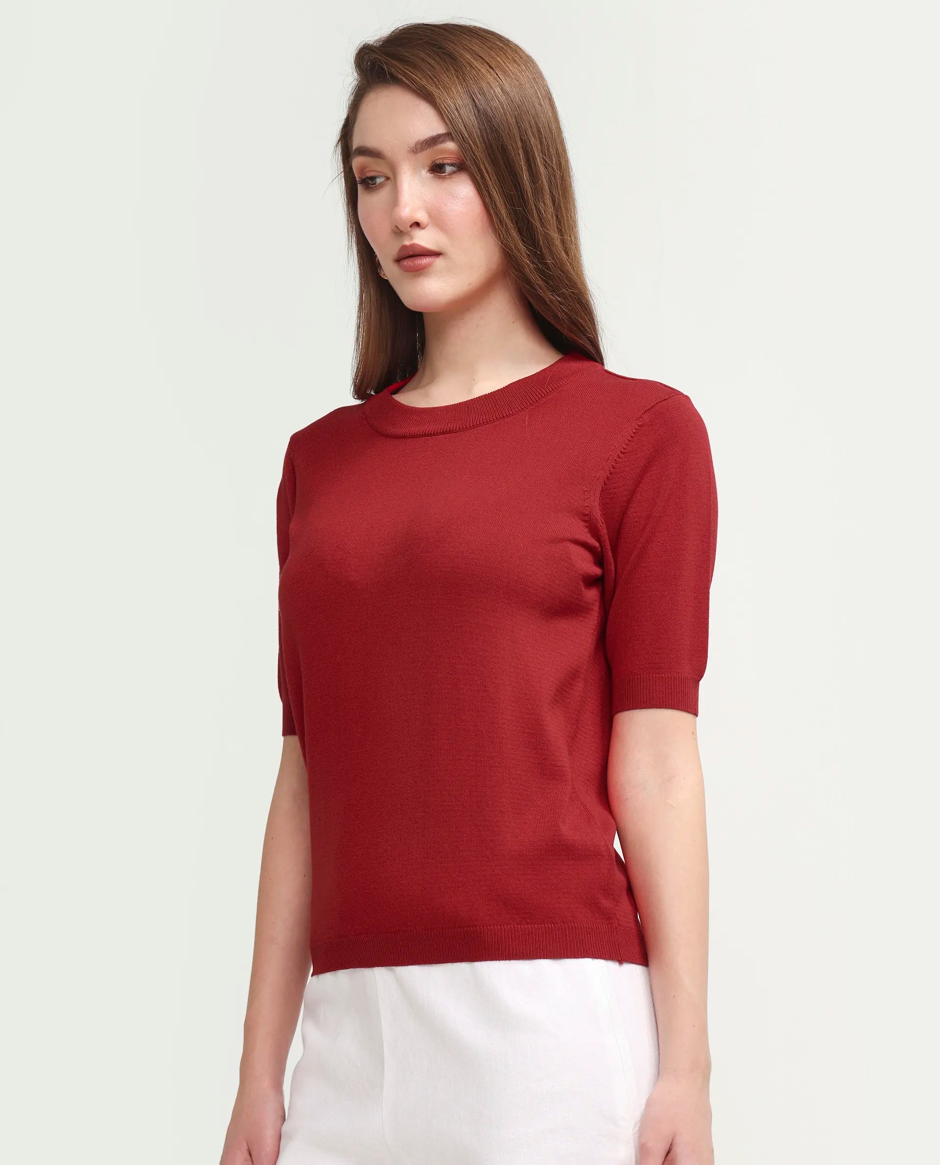 Rareism Women's Sohrdo Red Nylon Blend Half Sleeve Crew Neck Regular Fit Plain Top