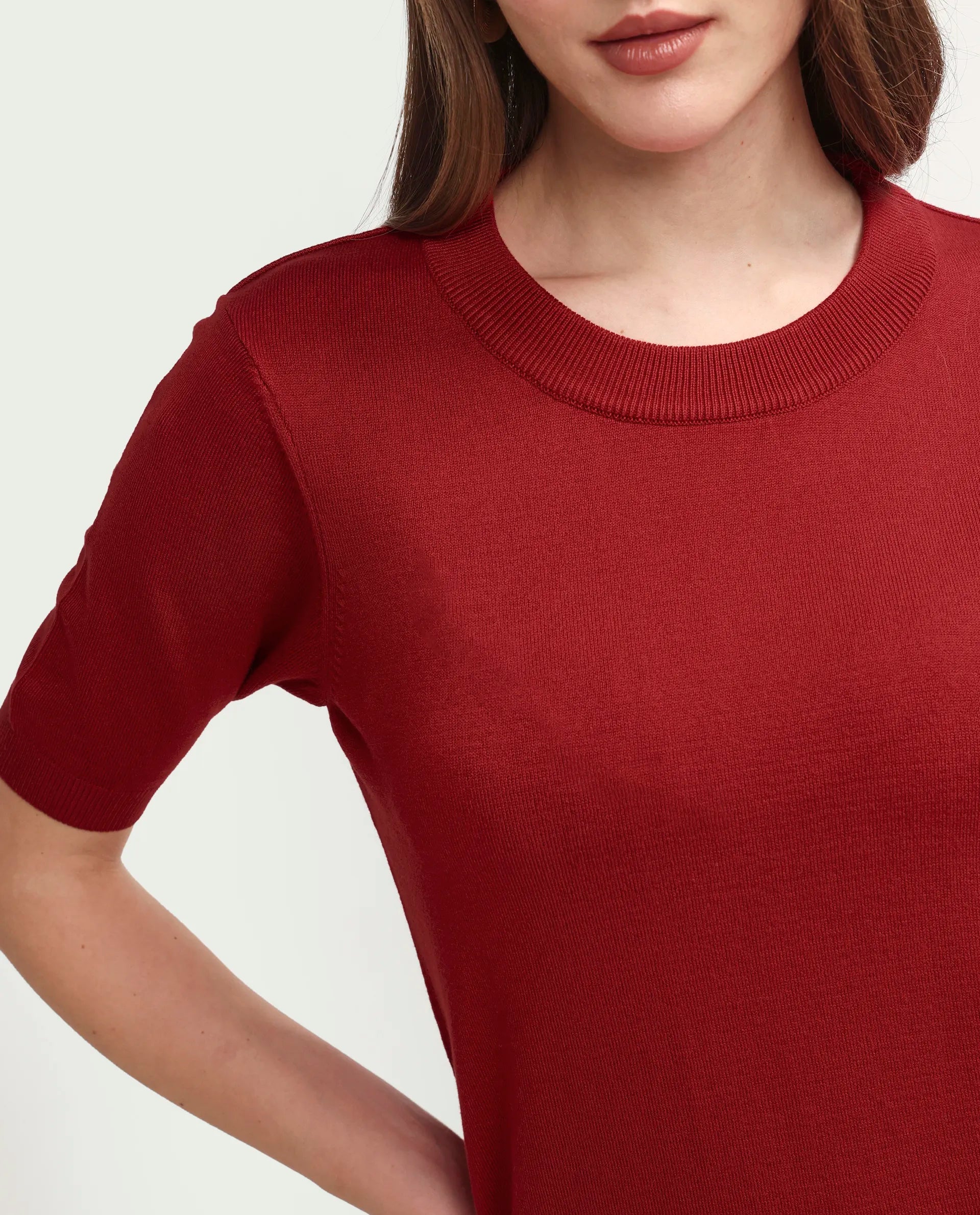 Rareism Women's Sohrdo Red Nylon Blend Half Sleeve Crew Neck Regular Fit Plain Top