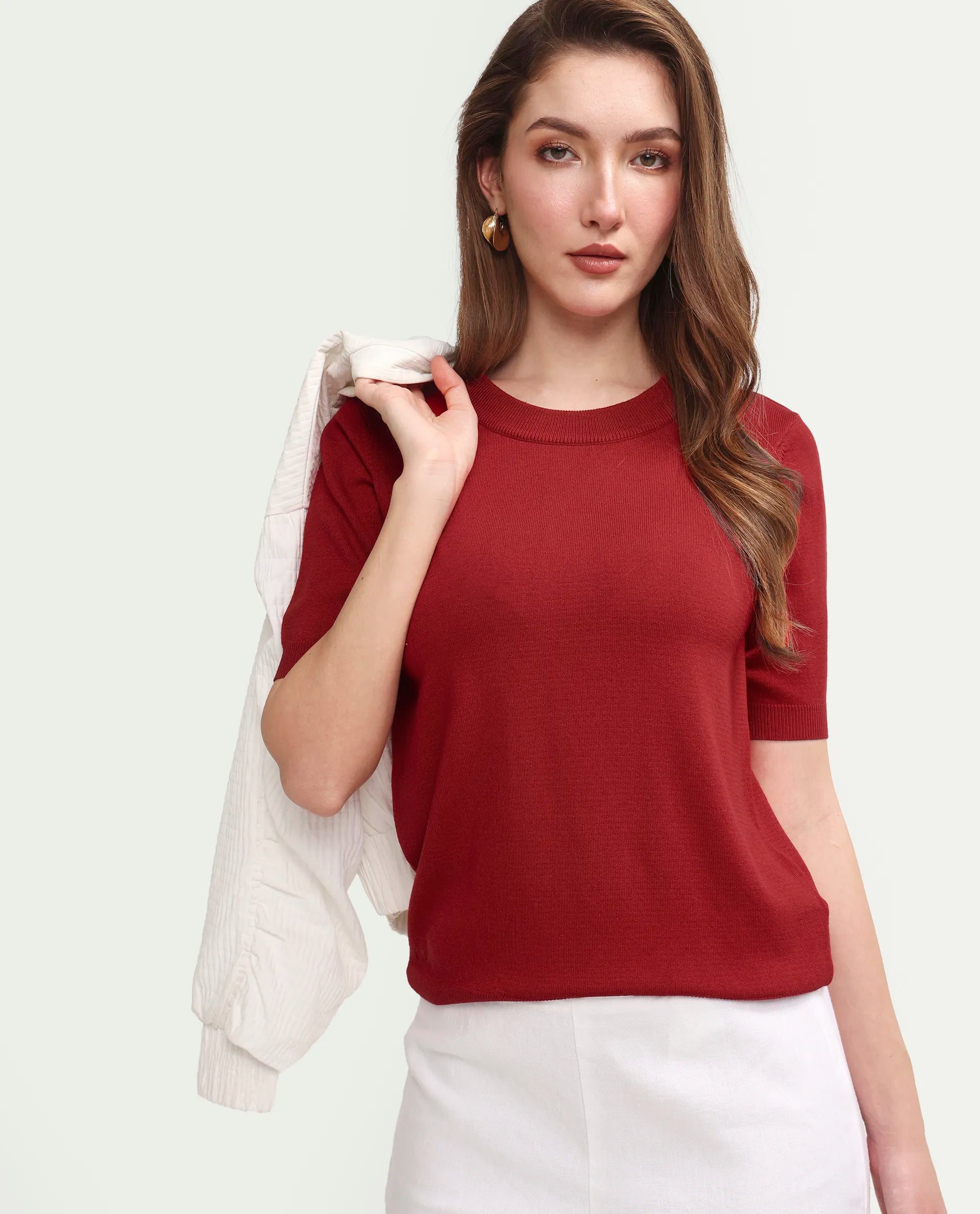 Rareism Women's Sohrdo Red Nylon Blend Half Sleeve Crew Neck Regular Fit Plain Top