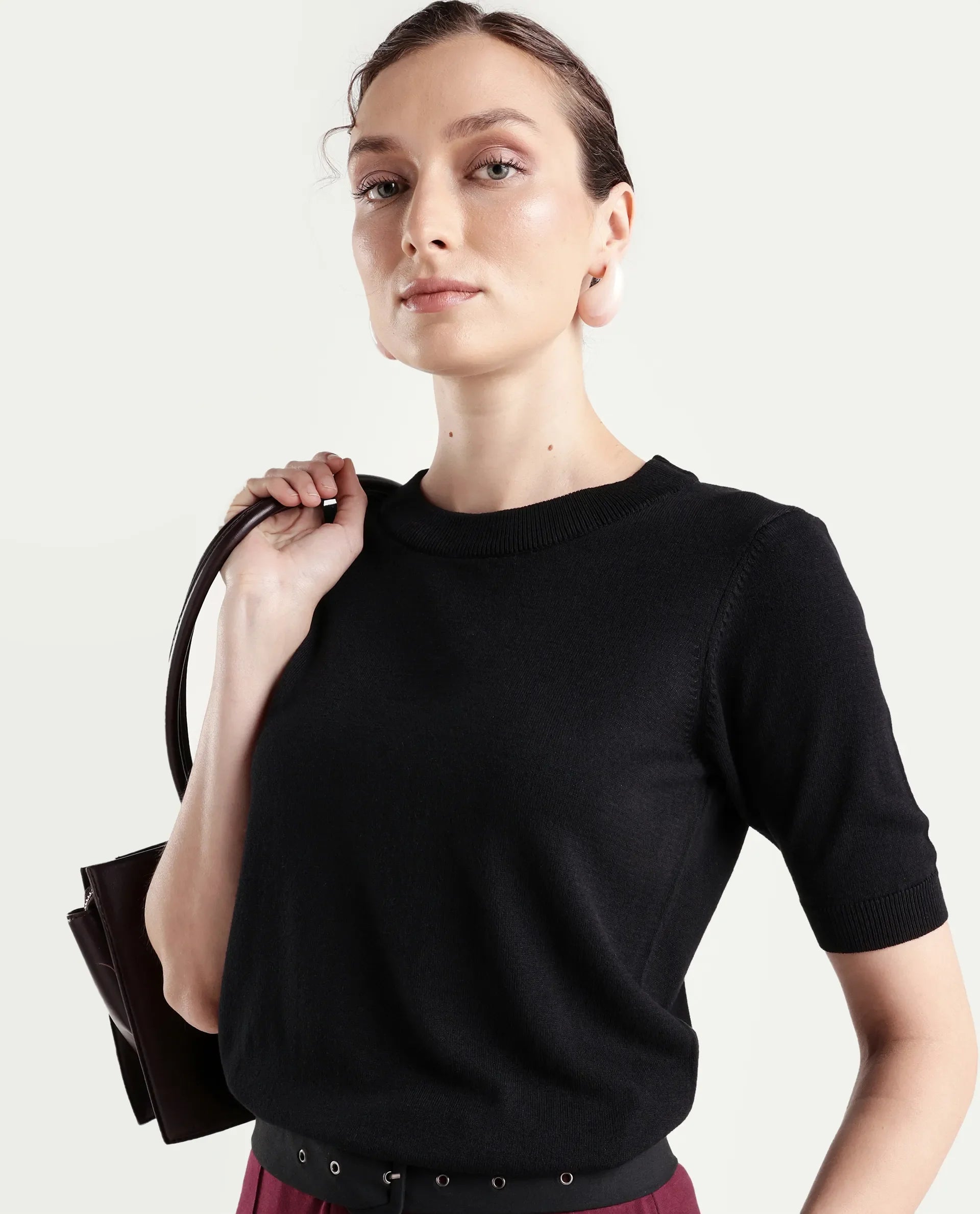 Rareism Women's Sohrdo Black Nylon Blend Half Sleeve Crew Neck Regular Fit Plain Top