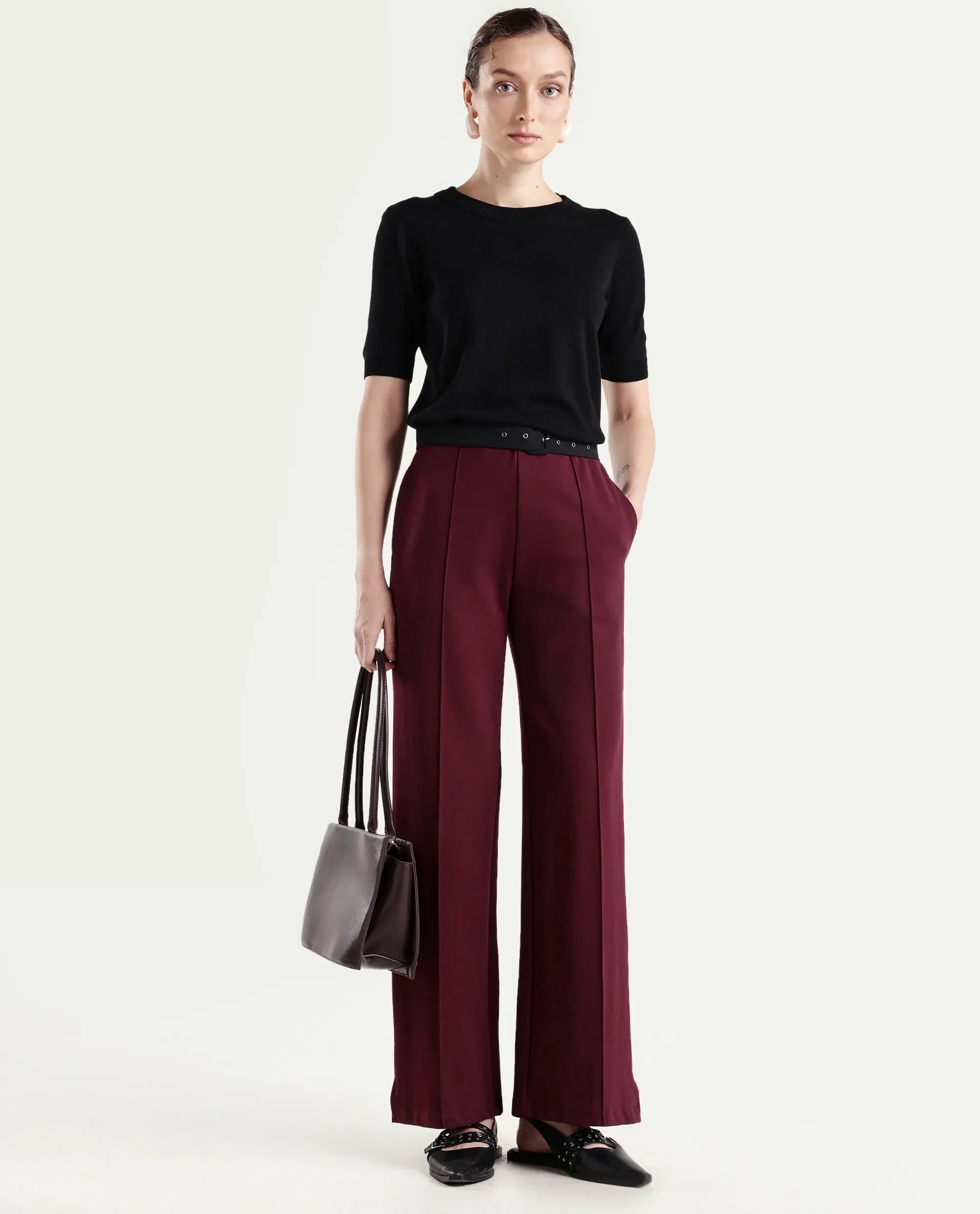 Rareism Women's Sohrdo Black Nylon Blend Half Sleeve Crew Neck Regular Fit Plain Top