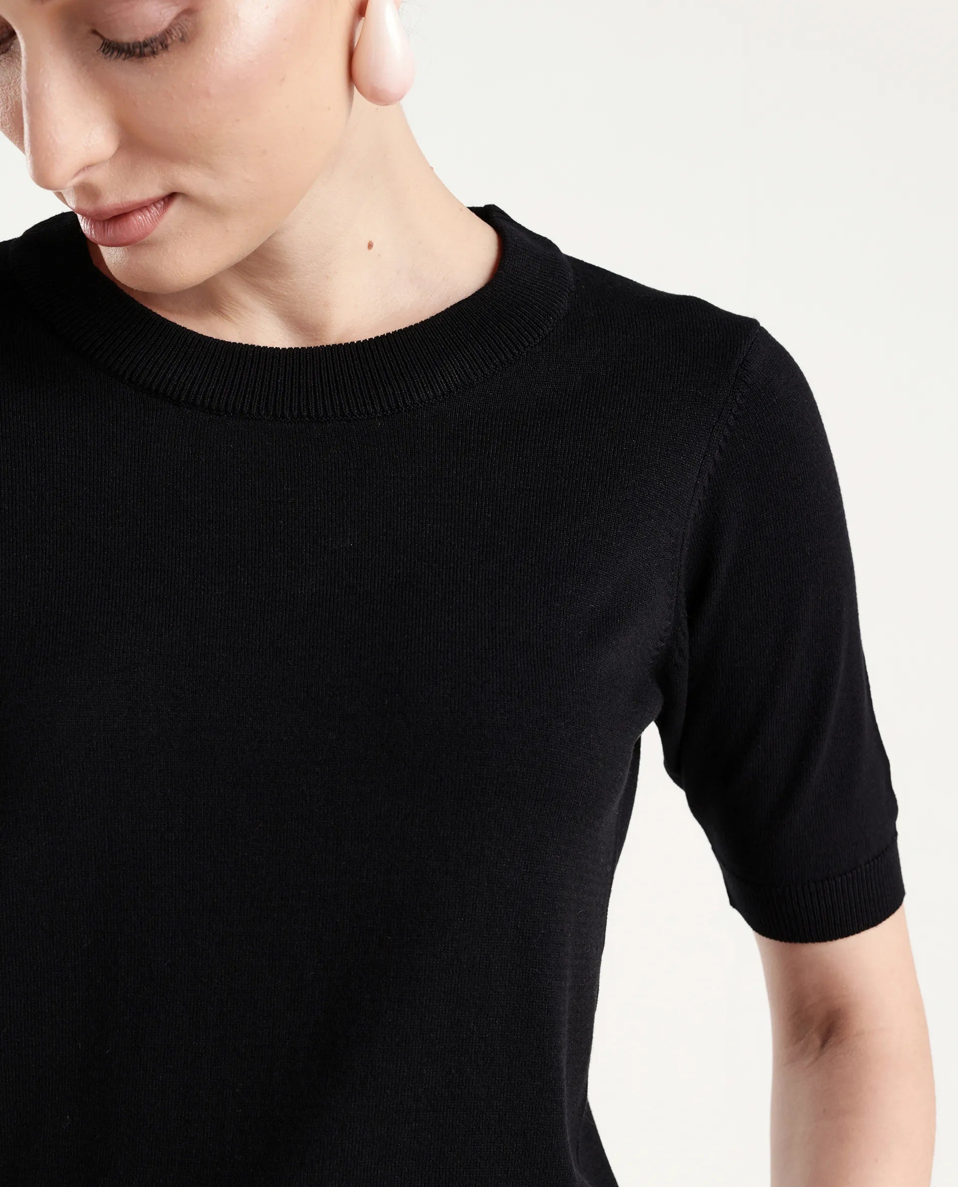 Rareism Women's Sohrdo Black Nylon Blend Half Sleeve Crew Neck Regular Fit Plain Top