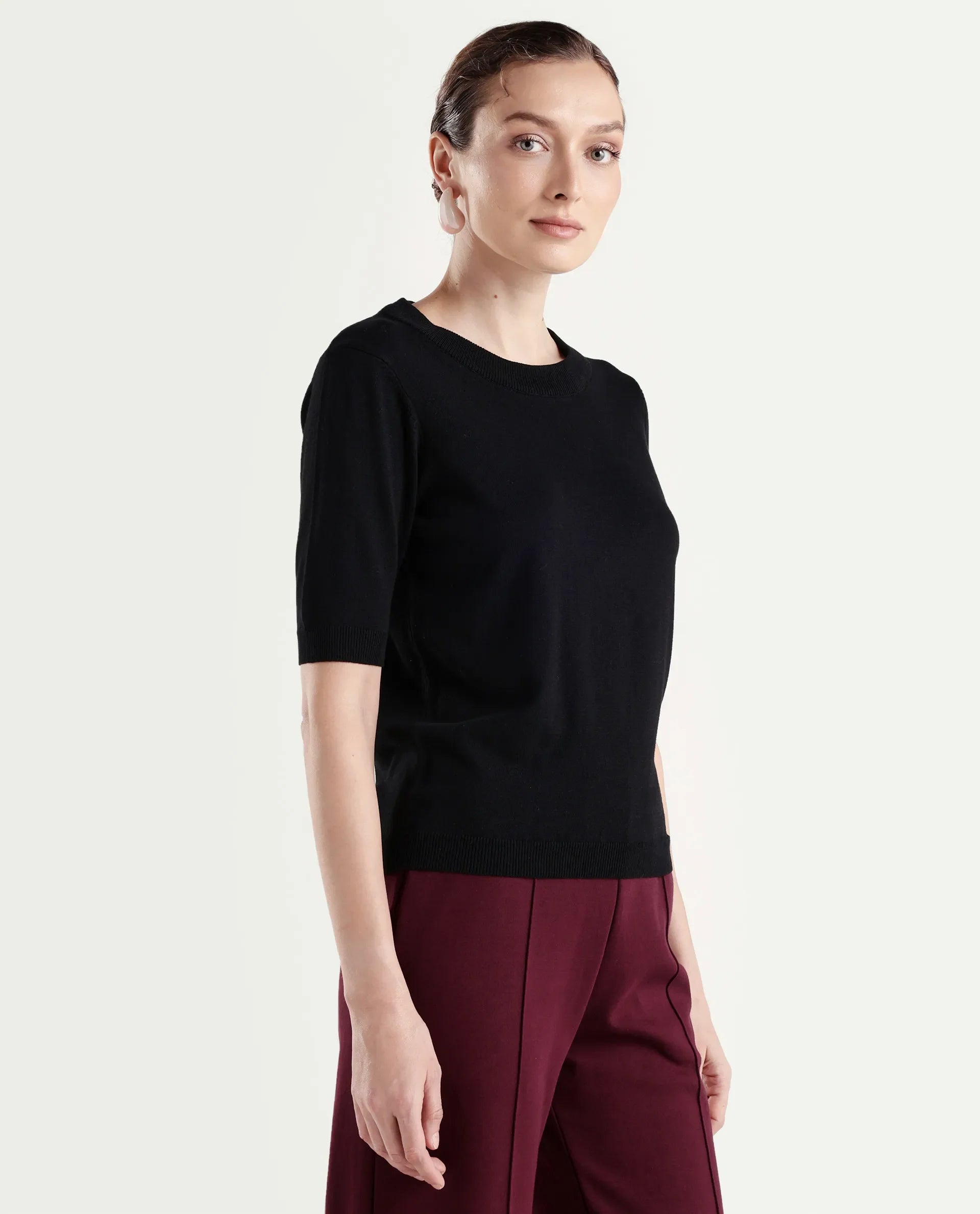 Rareism Women's Sohrdo Black Nylon Blend Half Sleeve Crew Neck Regular Fit Plain Top